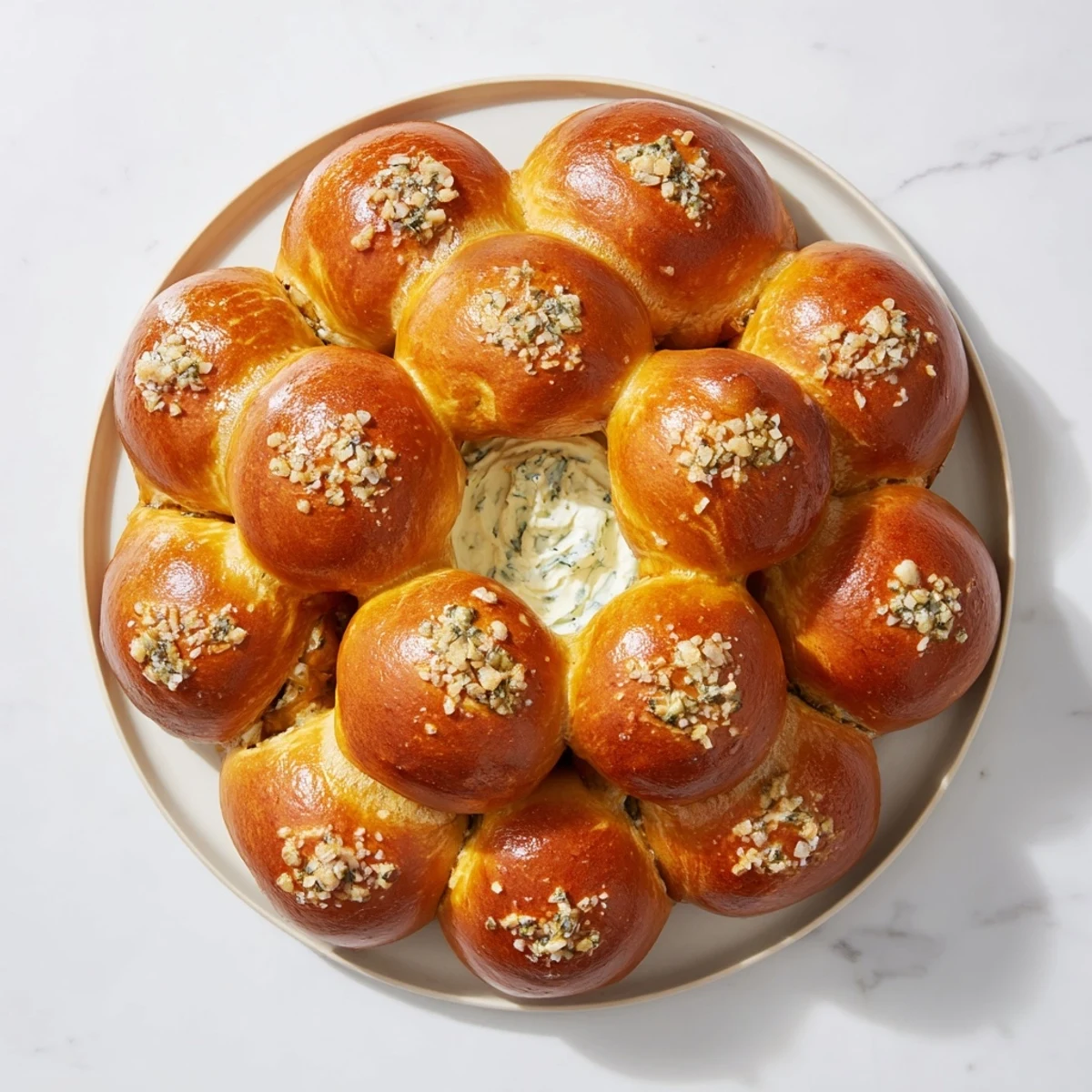 A close-up shot of a warm, inviting Pretzel Wreath Dip Ring boasting perfectly baked pretzel bites.