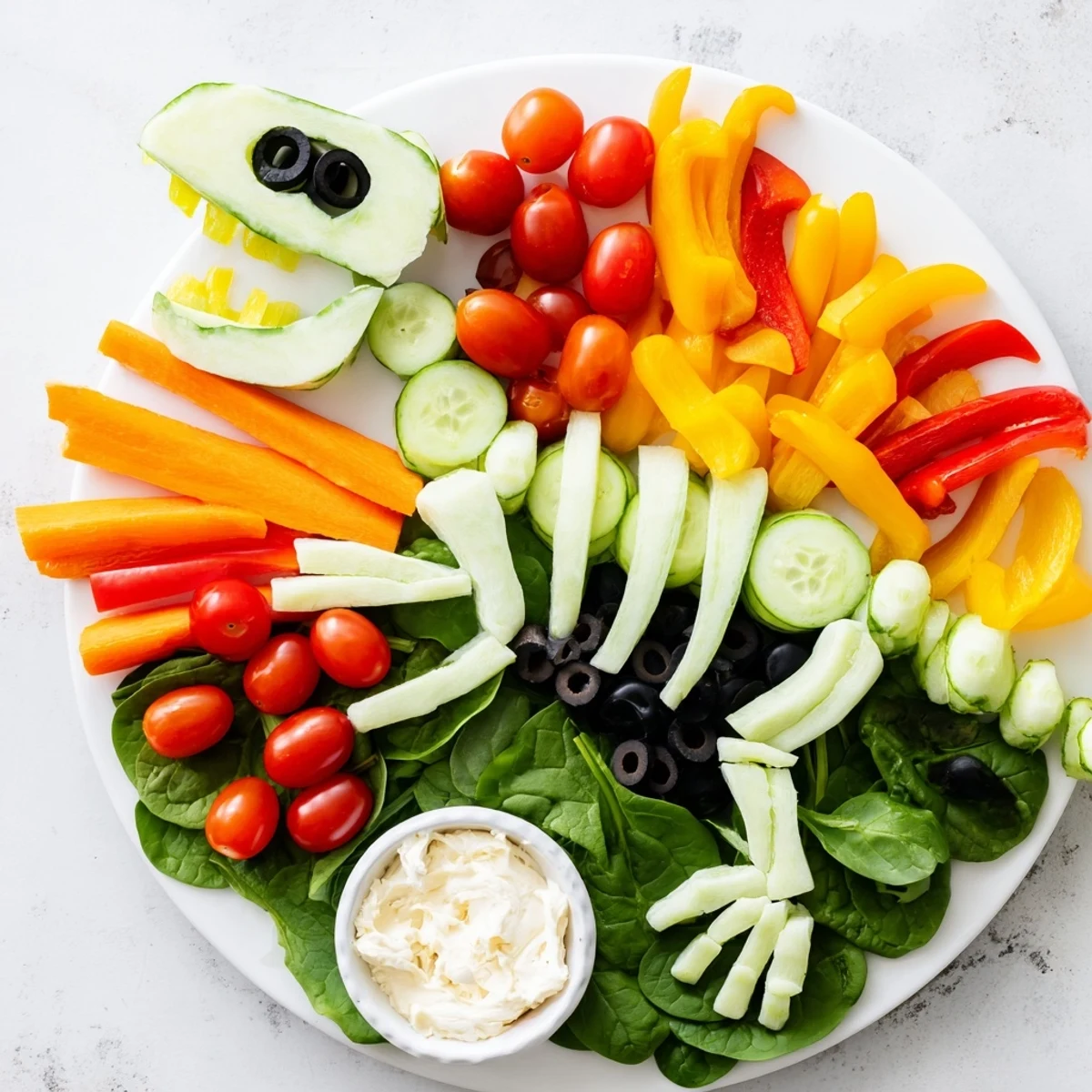 Freshly sliced vegetable T-Rex Fossil Crudités arranged on a platter, served alongside creamy ranch.