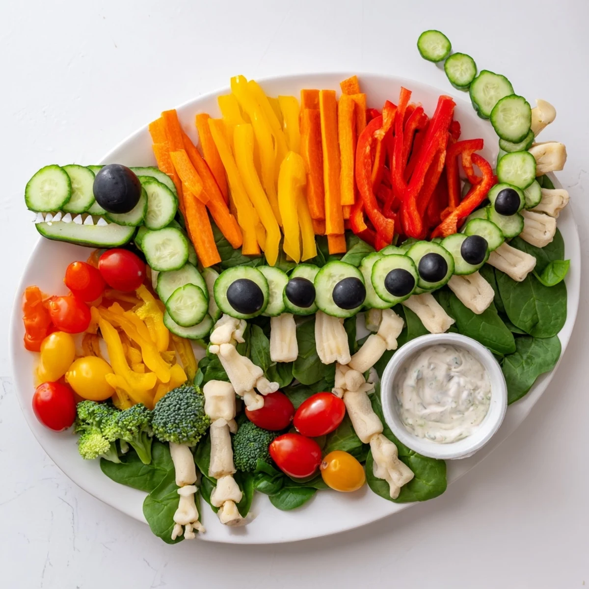 Colorful T-Rex Fossil Crudités, a fun and healthy appetizer with carrot limbs and bell pepper bones.