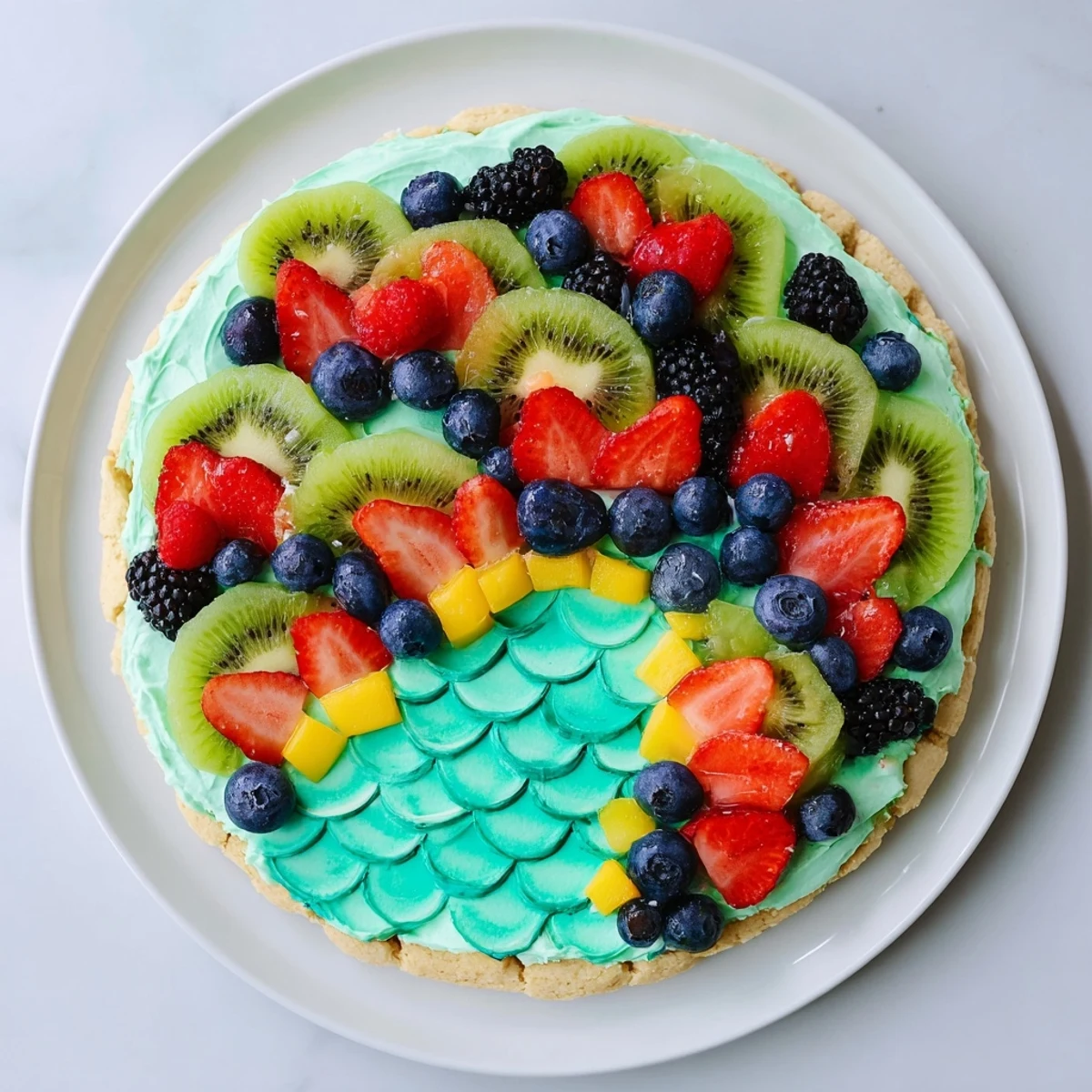 Vibrant Under the Sea: Mermaid Tail Fruit Pizza displays colorful fruit arranged on a sugar cookie base.