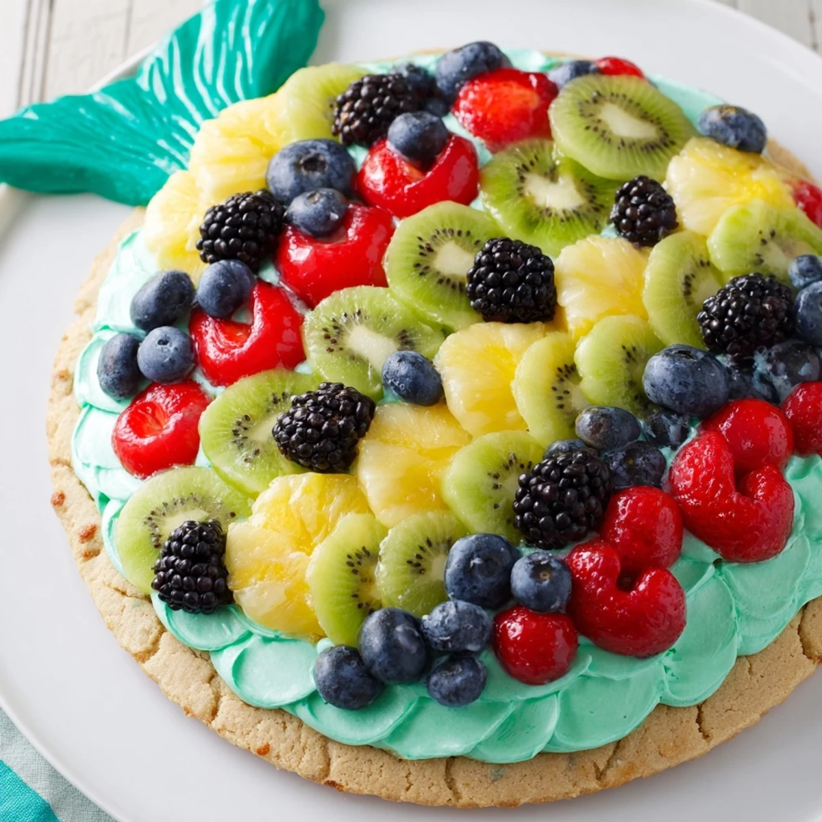 Homemade Under the Sea: Mermaid Tail Fruit Pizza creation showcasing a whimsical dessert with fresh berries.