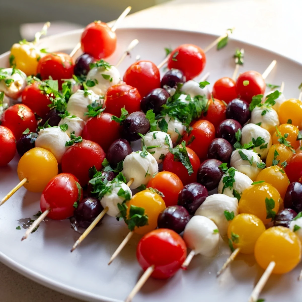 Christmas Lights Olive and Tomato Skewers: Vibrant appetizer with red, yellow, and green produce, perfect for the holiday season.