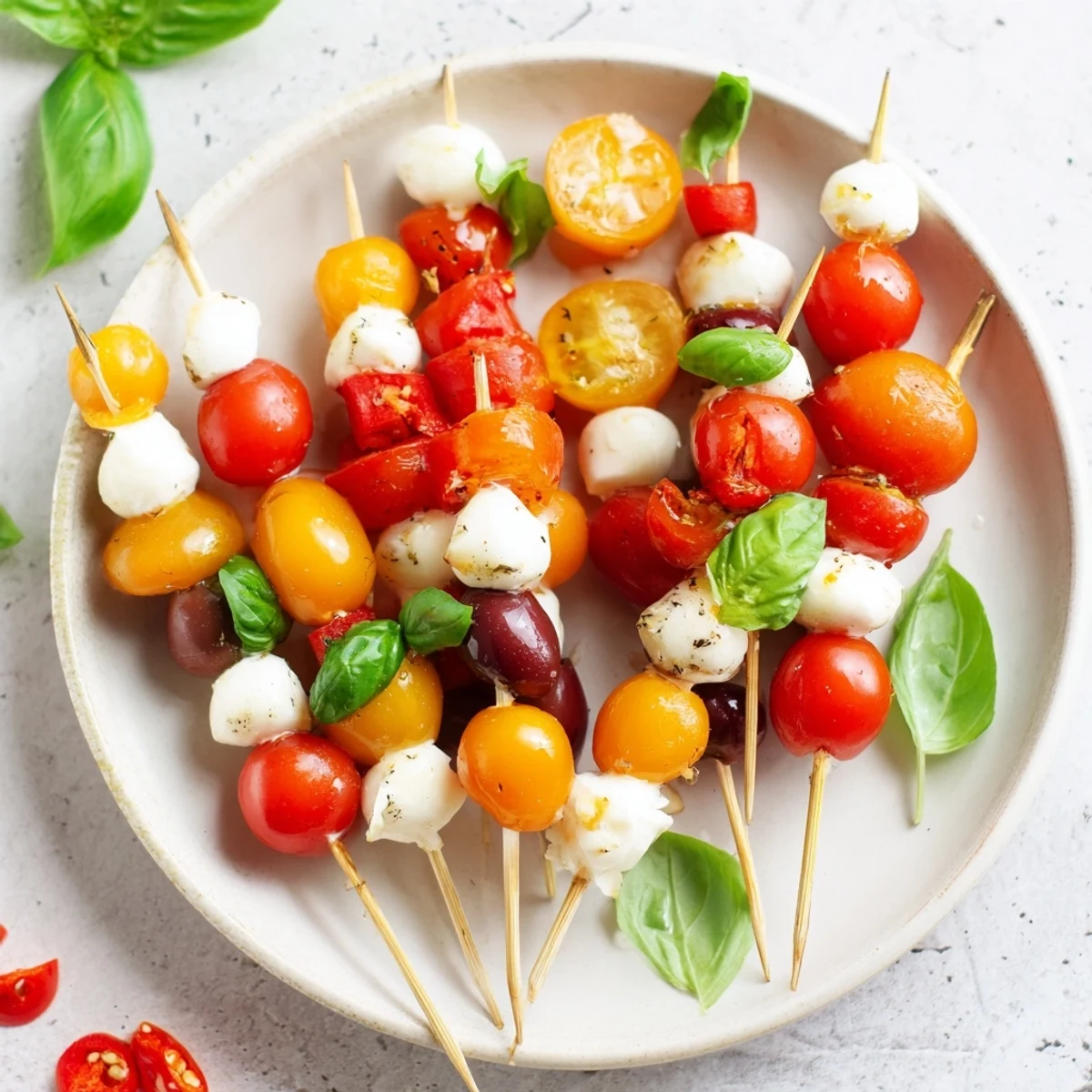 Delicious close-up of Christmas Lights Olive and Tomato Skewers, a colorful, vegetarian appetizer ideal for holiday entertaining.