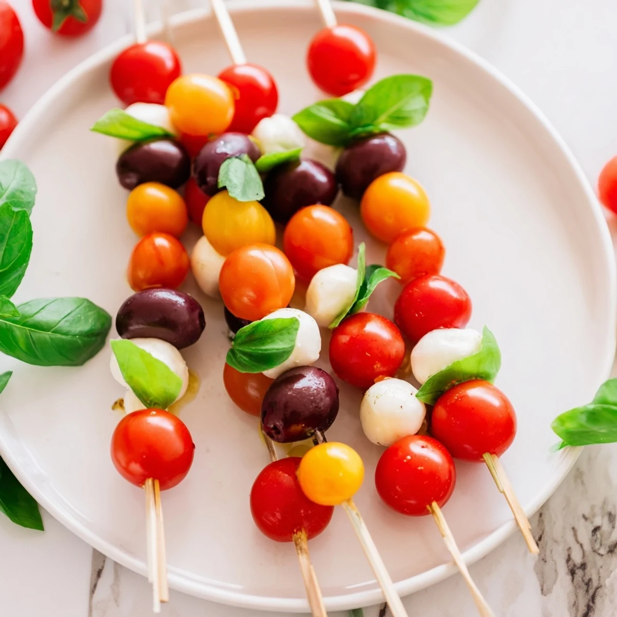 Skewers of festive Christmas Lights Olive and Tomato, featuring bright red tomatoes and green and black olives, ready to eat.