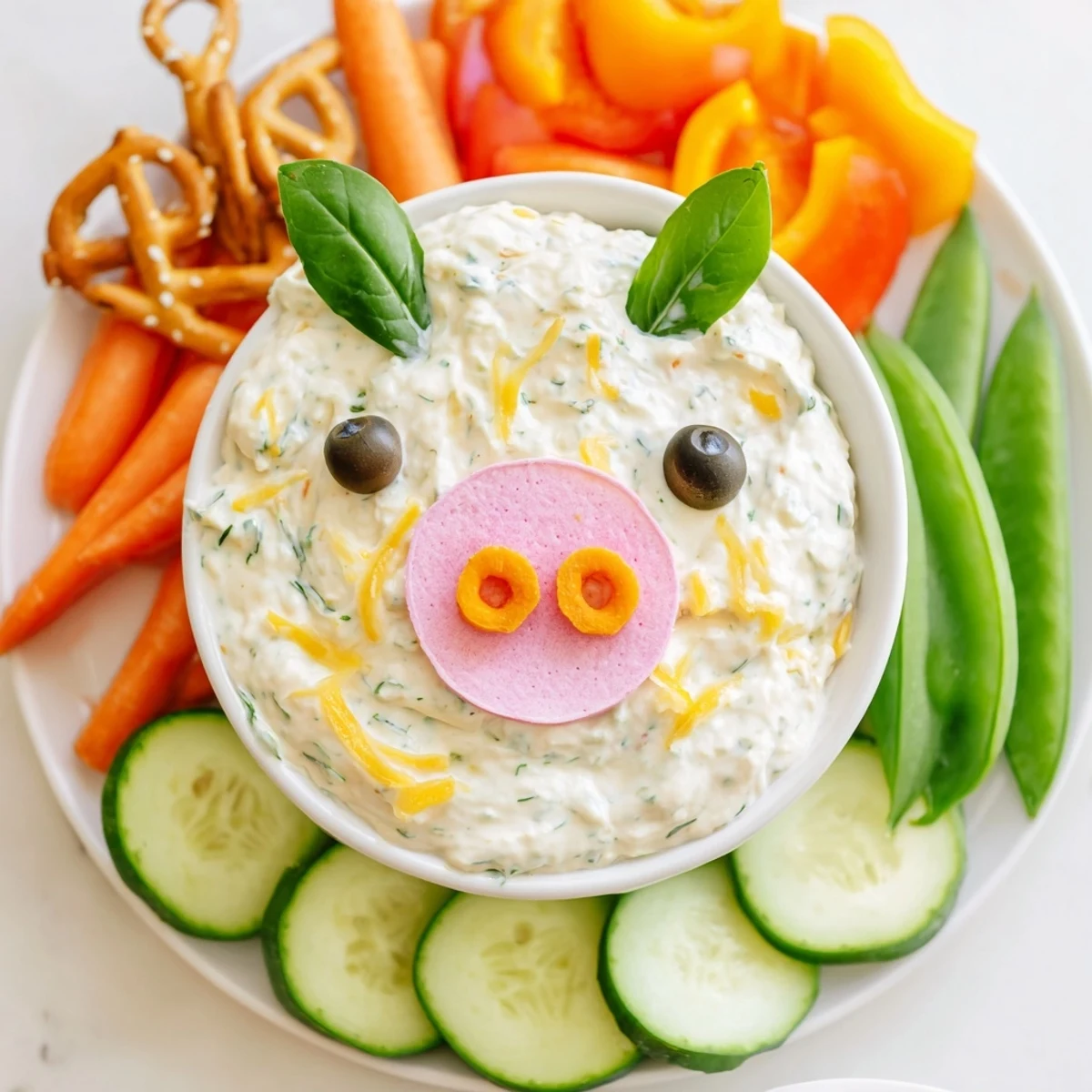 Vibrant piggy face dip bowl, loaded with creamy, savory dip and crunchy fresh vegetable dippers for a fun appetizer.
