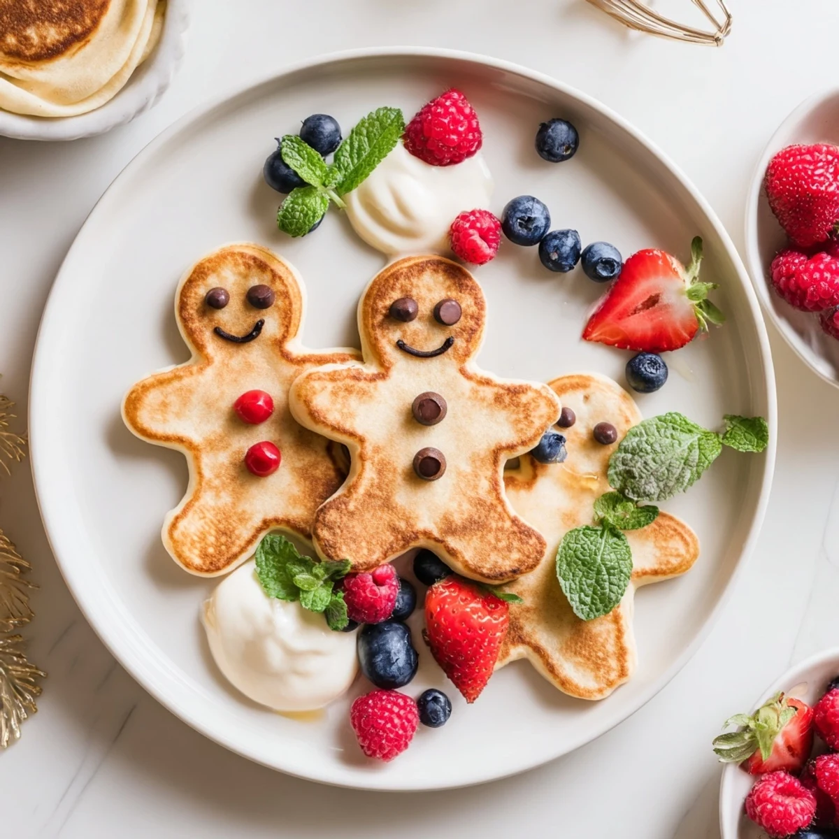Gingerbread Boy Berry Board: Golden gingerbread pancakes are arranged with fresh red berries for a breakfast feast.