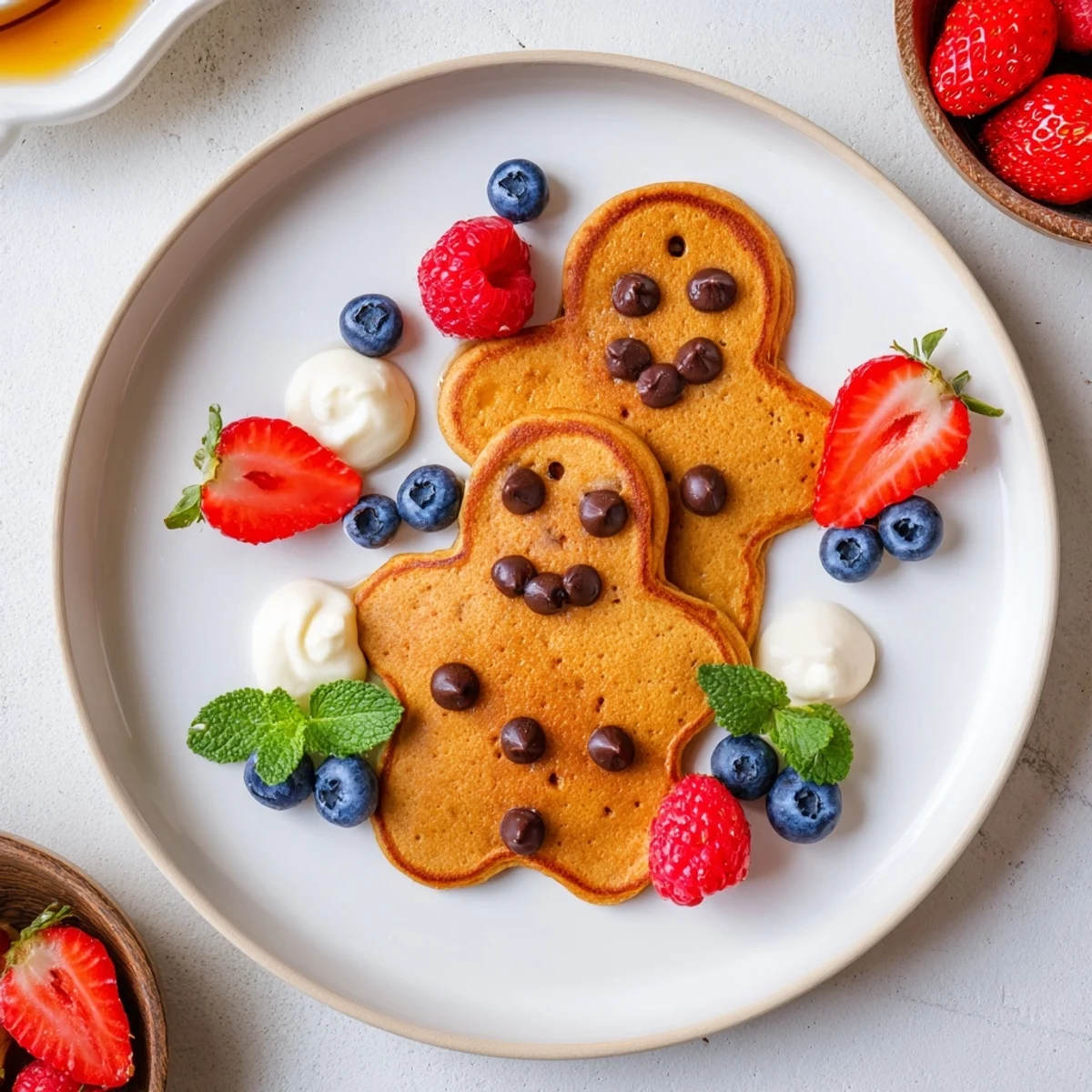 This Gingerbread Boy Berry Board has warm, spiced gingerbread pancakes and vibrant red, juicy strawberries.