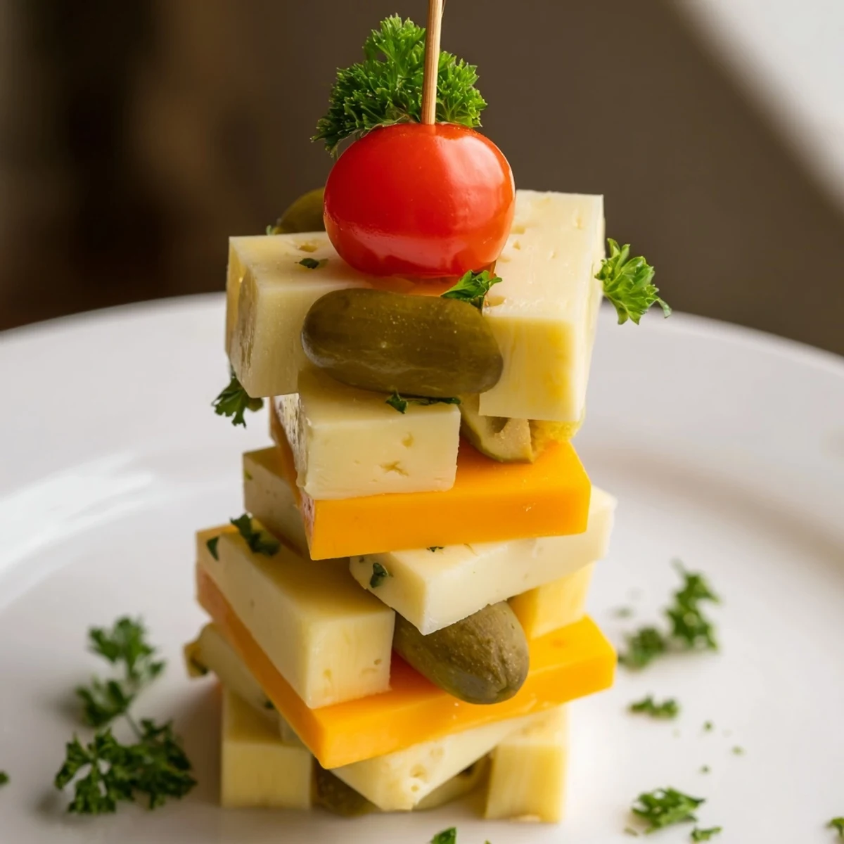 Festive Cube Cheese Stack, colorful cheese cubes stacked with olives and tomatoes for a holiday appetizer.