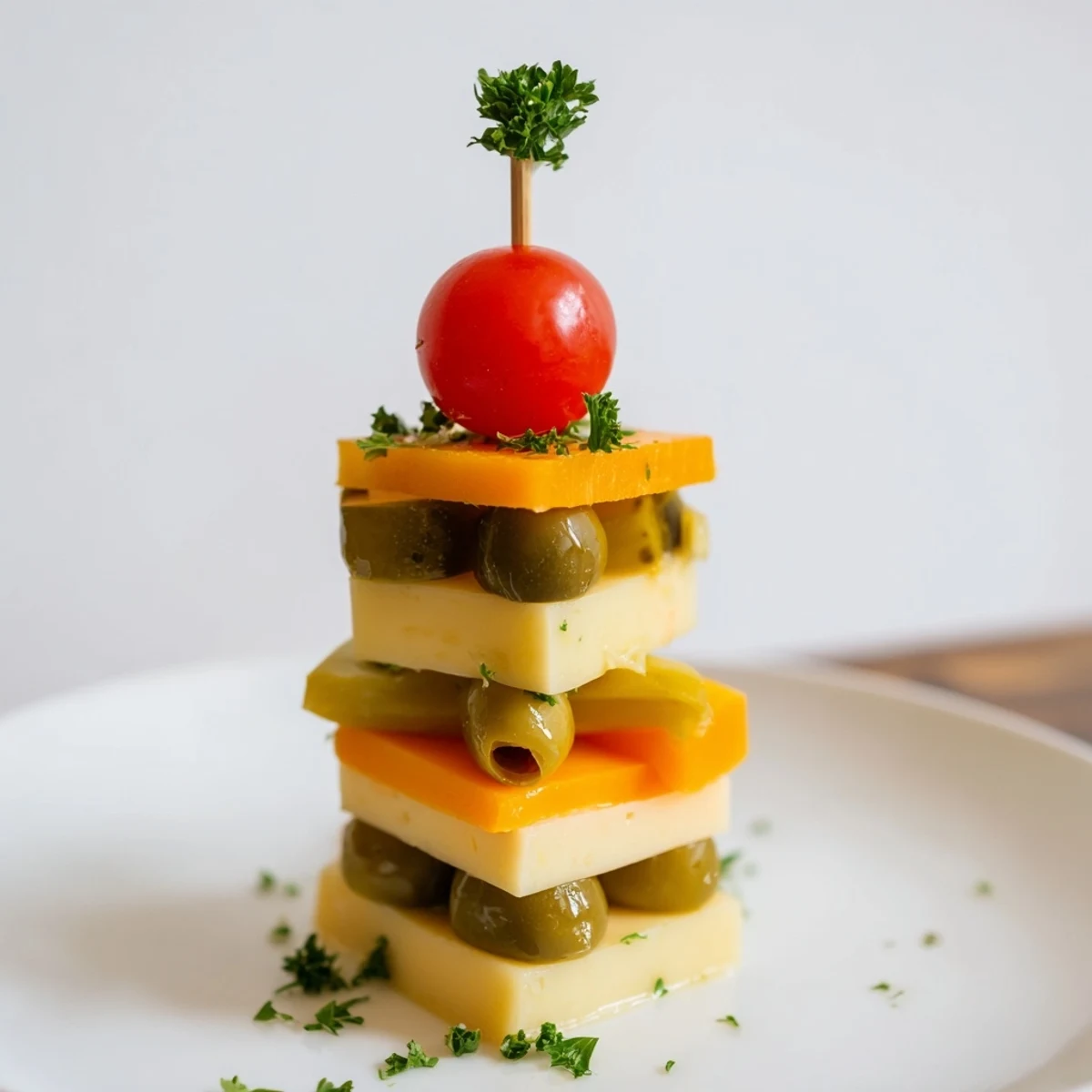 Bright and flavorful Festive Cube Cheese Stack, ready for serving on a platter with fresh parsley garnish.