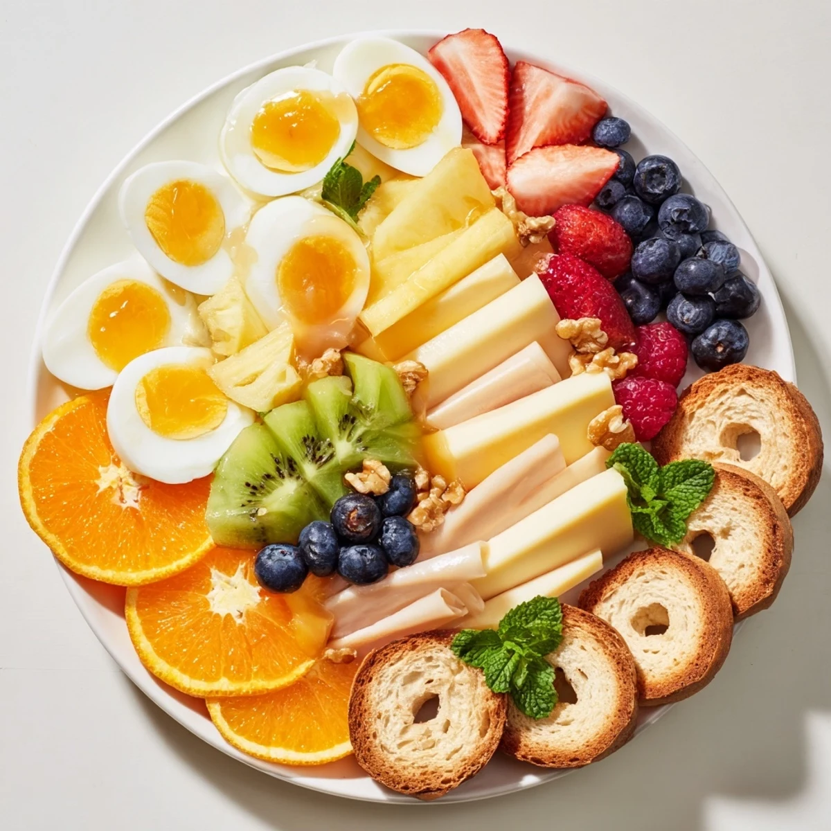 Good Morning Sun Breakfast Board: A bountiful display of fruit, cheese, and pastries awaits, perfect to start the day.