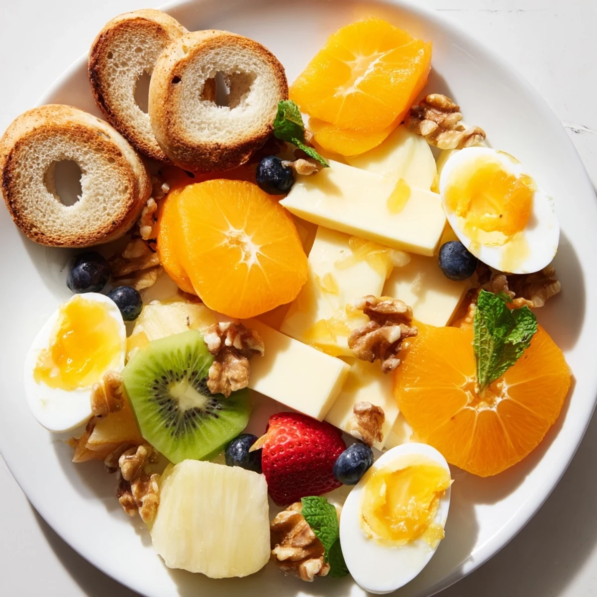 Vibrant Good Morning Sun Breakfast Board arrangement, with fresh fruit, eggs and bread, delicious and colorful.