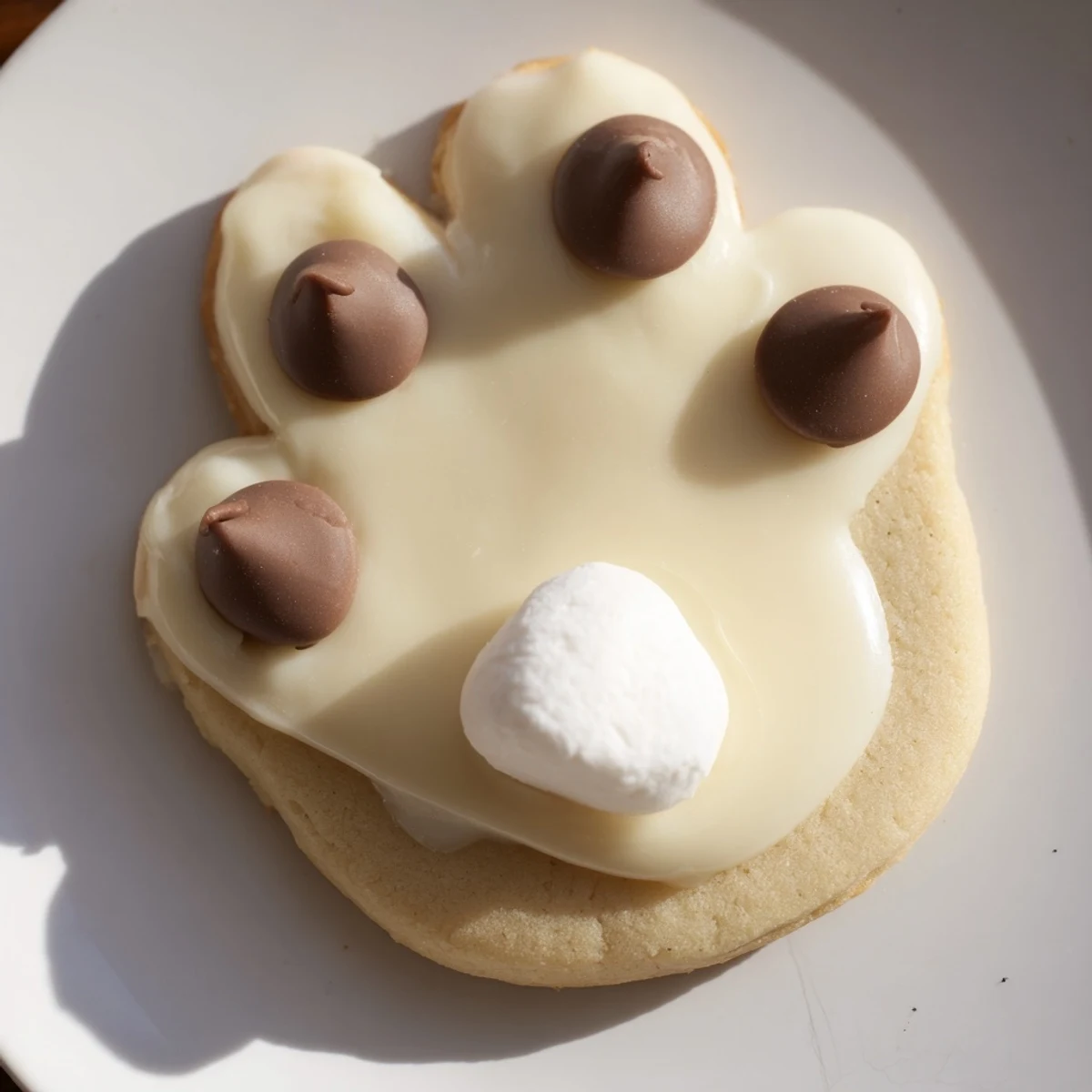 Close up of freshly baked Polar Bear Paw Print Cookies with melted chocolate and marshmallows.