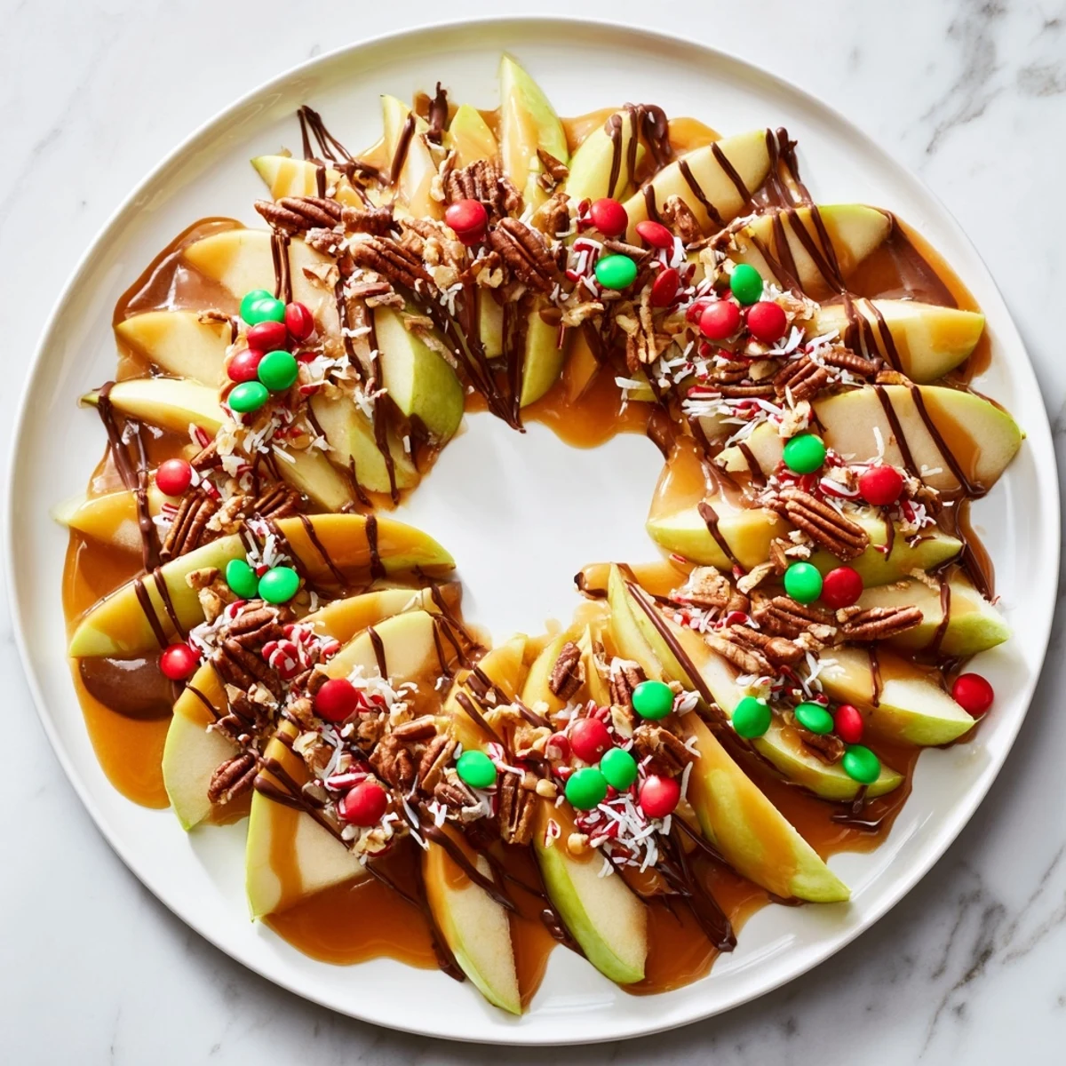 Festive Caramel Apple Slice Christmas Wreath, a dessert wreath, drizzled caramel and chocolate, ready to enjoy.