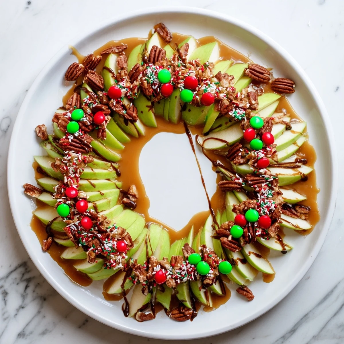 A beautifully arranged Caramel Apple Slice Christmas Wreath, featuring fresh apple slices and holiday toppings.