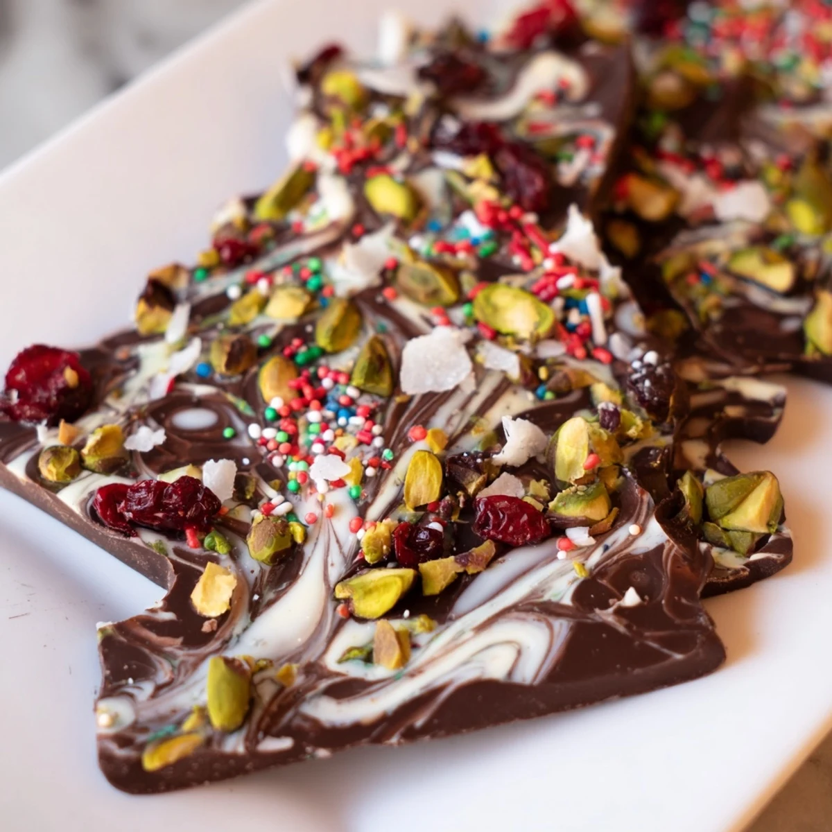Festive Holiday Bark shards display colorful candy and nuts on a chocolate canvas, ready to enjoy.
