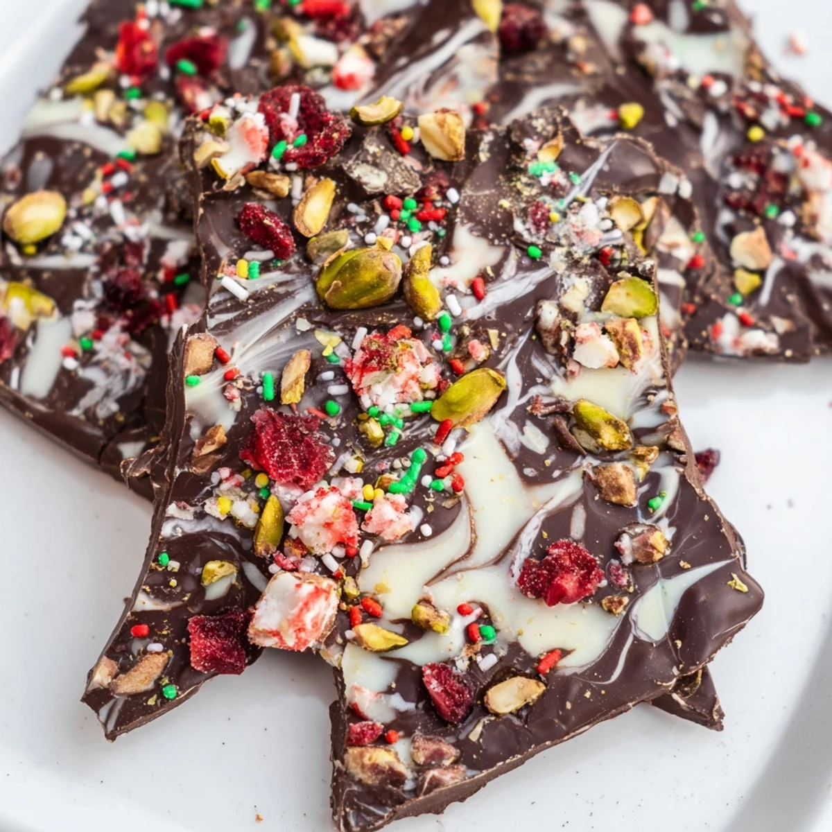 Irregular pieces of tempting Holiday Bark, a sweet treat perfect for your holiday dessert table.