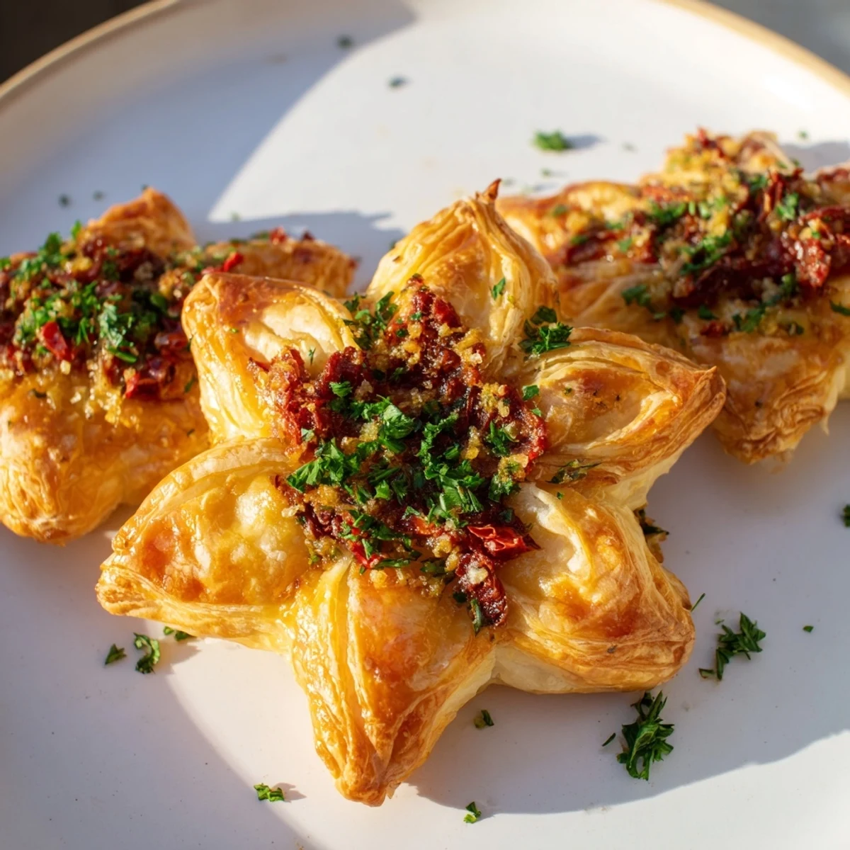 Crispy-baked Olive and Sundried Tomato Star Garland, topped with Parmesan cheese, ready to serve as a tasty bite.