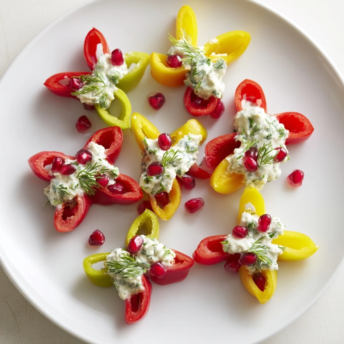 Vibrant red and green Bell Pepper Christmas Bow appetizers, filled with creamy cheese, ready to serve.
