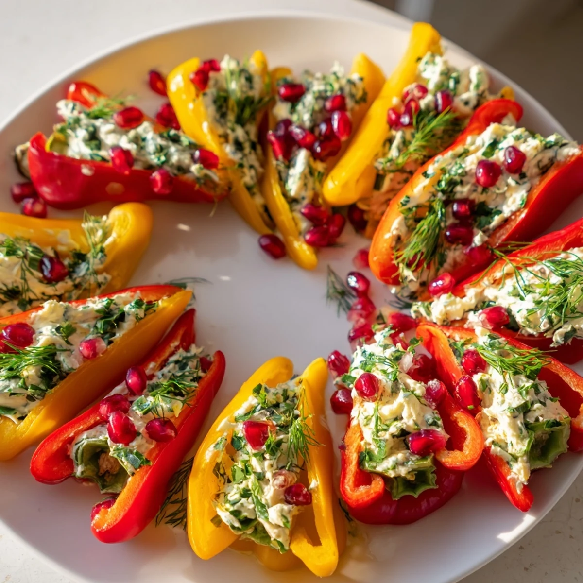 Festive Bell Pepper Christmas Bows arranged on a platter, a beautiful vegetarian holiday appetizer.