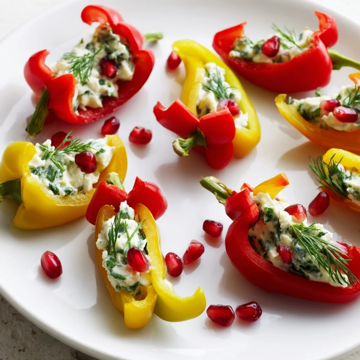 A close-up of colorful, homemade Bell Pepper Christmas Bows, filled with creamy, herbed cheese filling.