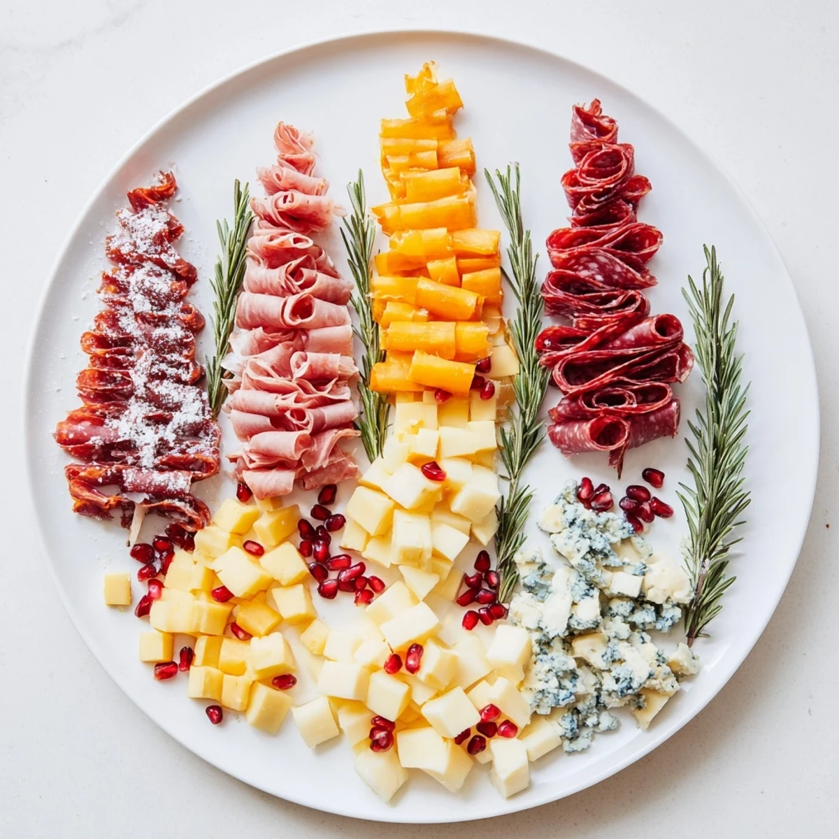 Winter Forest Meat and Cheese Charcuterie Scene with rosemary sprigs and rich meats, perfect for serving.