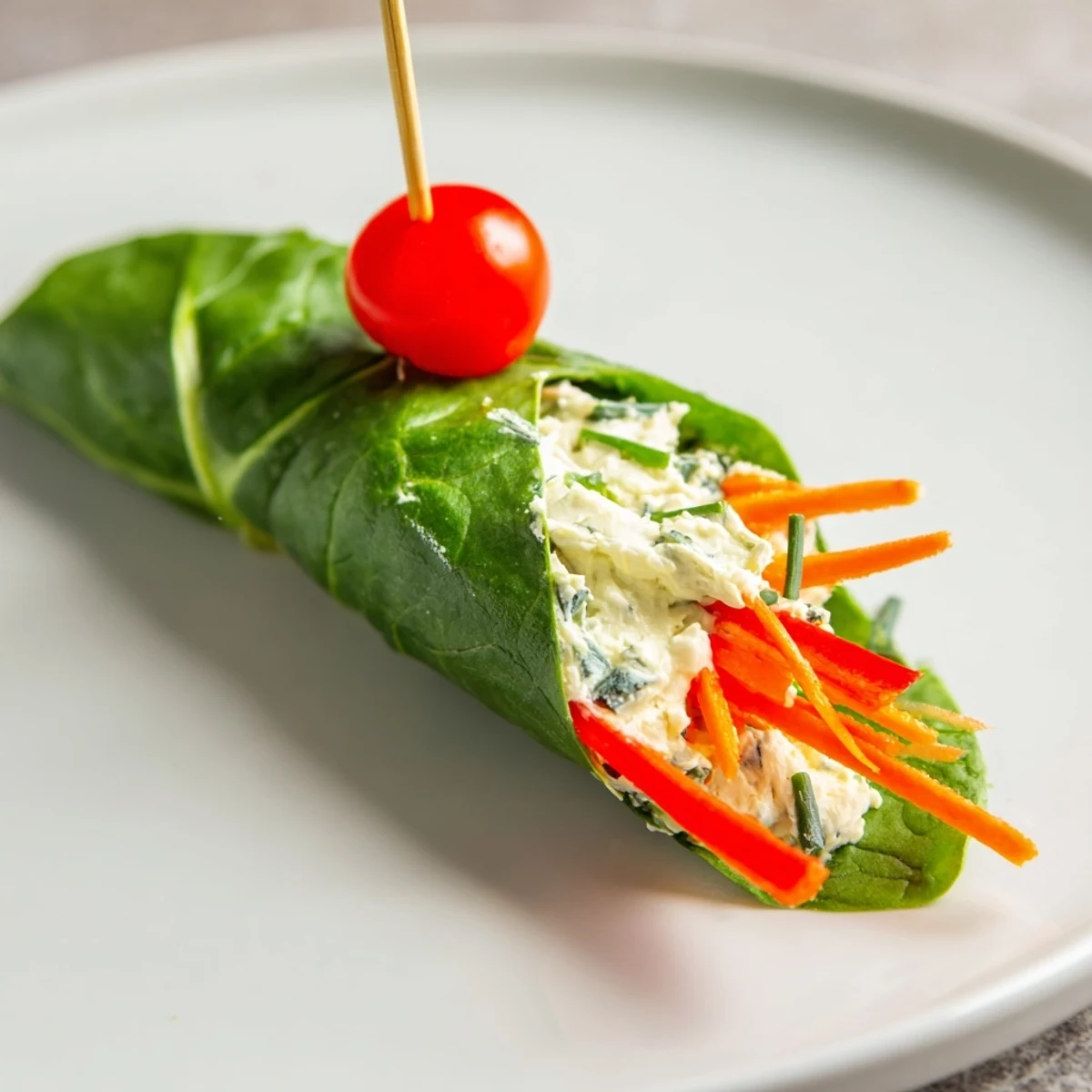 Fresh Holly Leaf Spinach Wraps ready to eat, featuring bright greens, colorful veggies, and herbed filling.