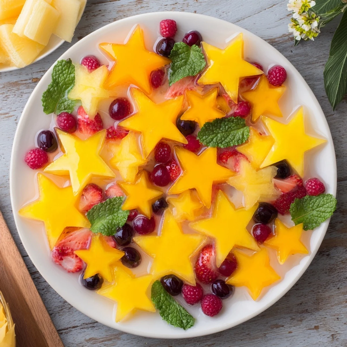 Vibrant starfruit and berry platter with juicy strawberries, blueberries, and raspberries, ideal for summer.