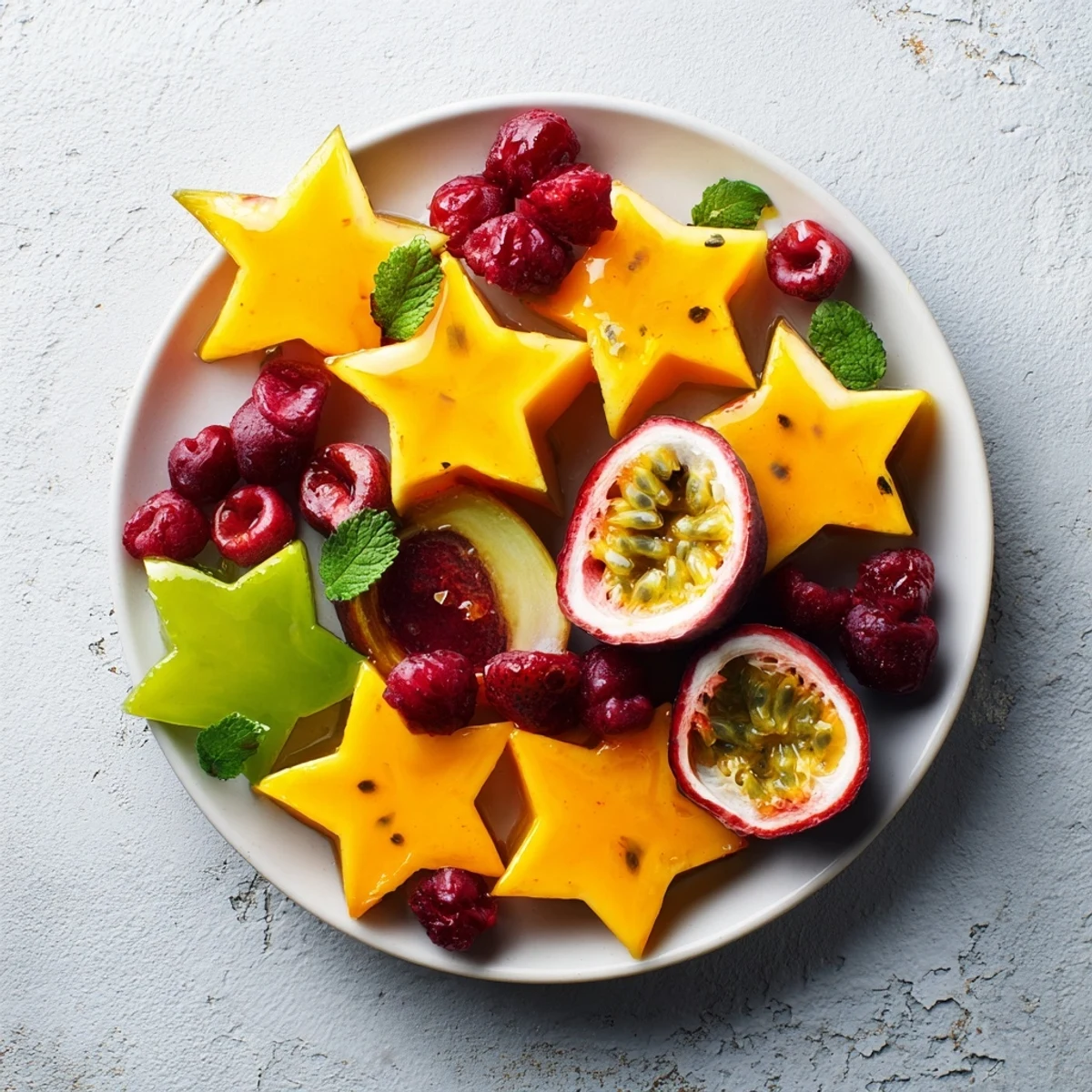 A close-up view of the refreshing starfruit and berry platter, glistening with optional lime juice.