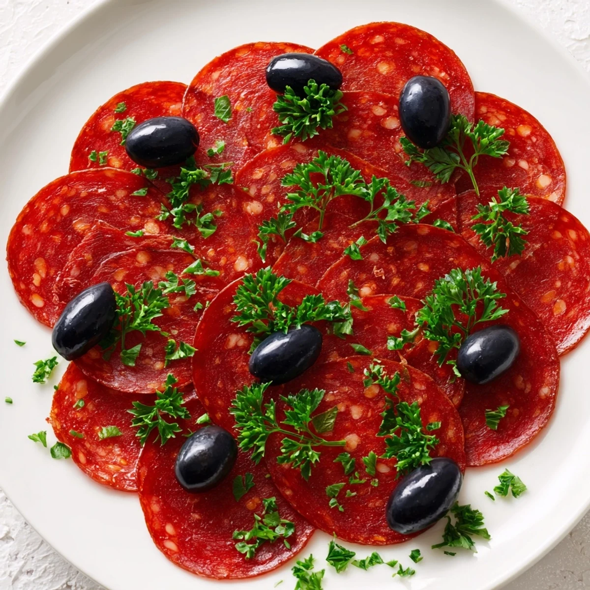 Savory sliced pepperoni and olive halves appetizer, ready to eat, with glistening olive and meat textures.