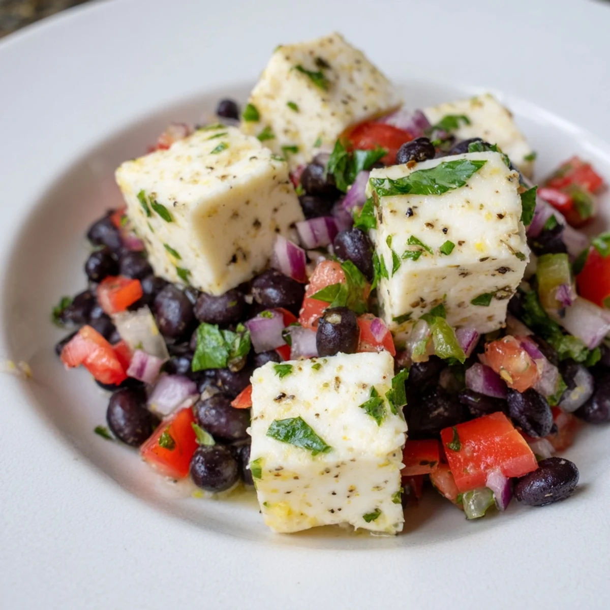 A platter displays colorful Pepper Jack cubes, ready to be enjoyed with fresh black bean salsa.
