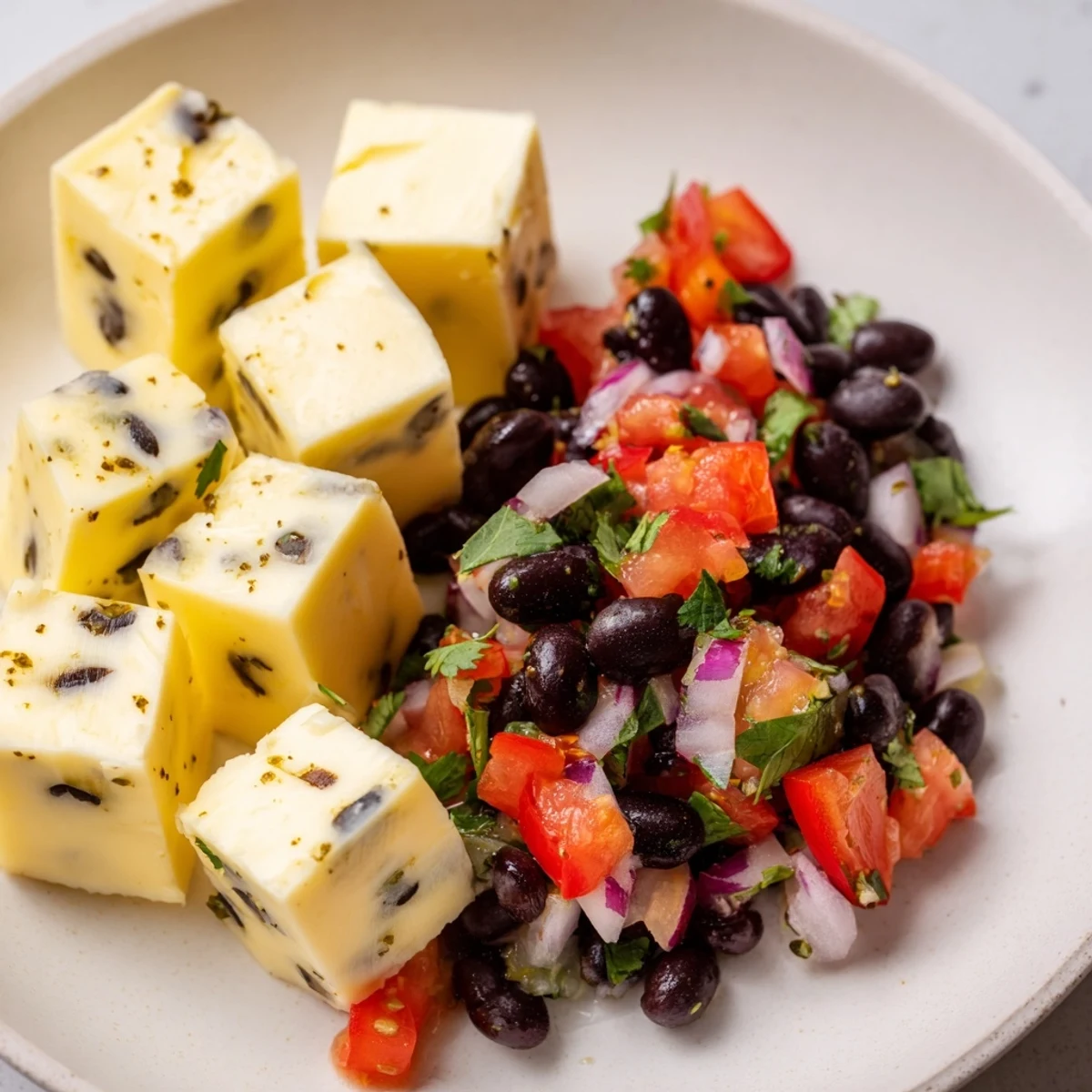 Freshly made, zesty salsa tops Pepper Jack cubes, a simple yet delicious appetizer for any gathering.