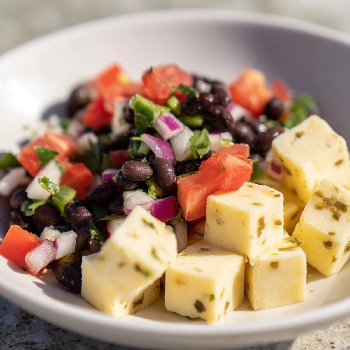 Bright, flavorful black bean salsa complements spicy Pepper Jack cheese cubes, perfect as an appetizer.