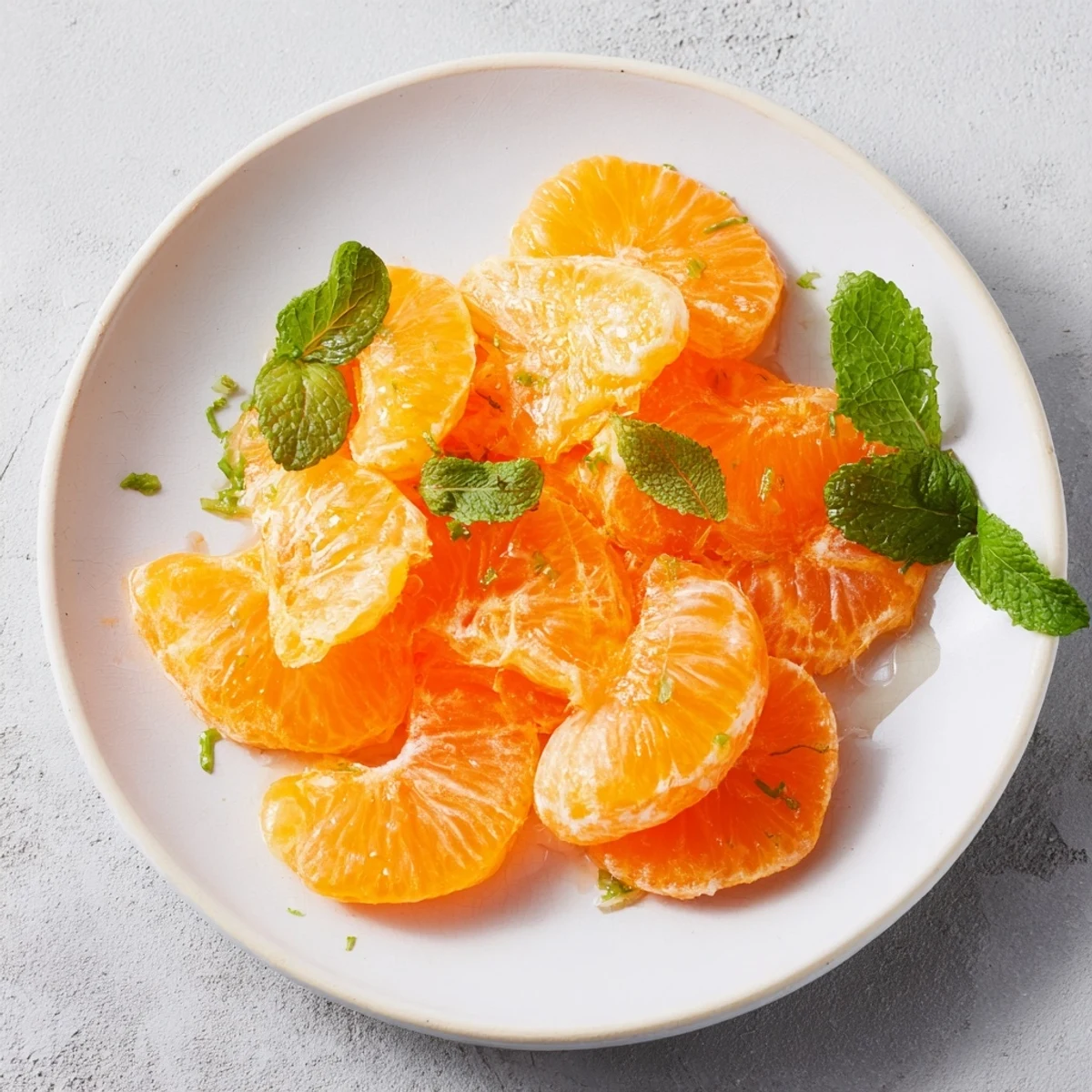 Close up shot of clementine and mint winter fruit salad, a beautiful vegetarian dessert.