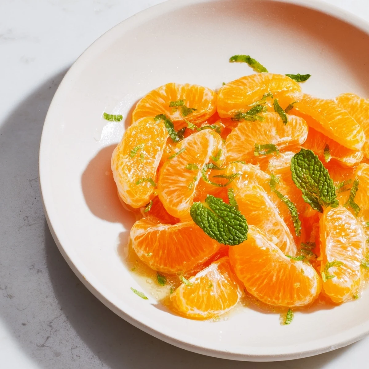 Vibrant clementine winter fruit salad, tossed with fresh mint, perfect for a light, healthy snack.