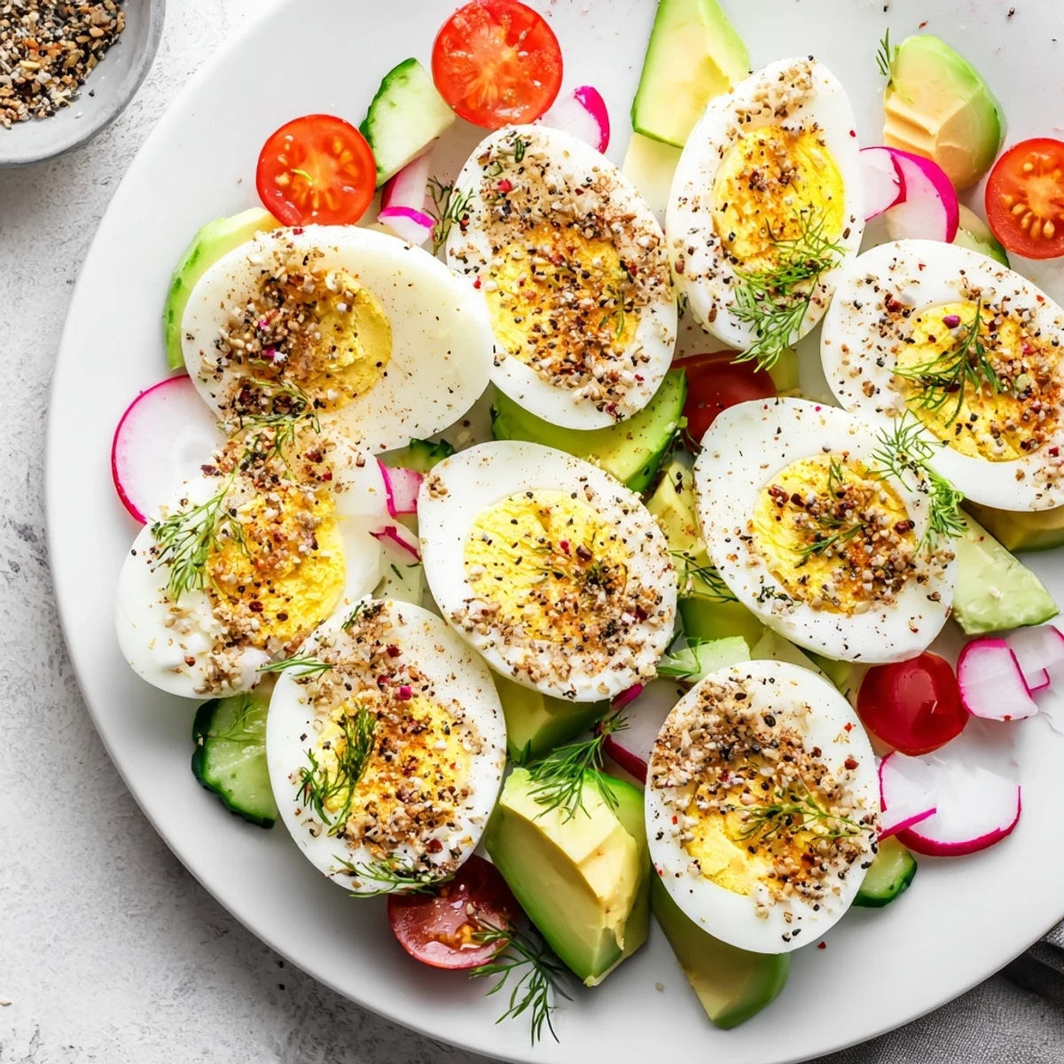 Brunch Board featuring sliced hard-boiled eggs, beautifully arranged with colorful veggies and tasty spreads.