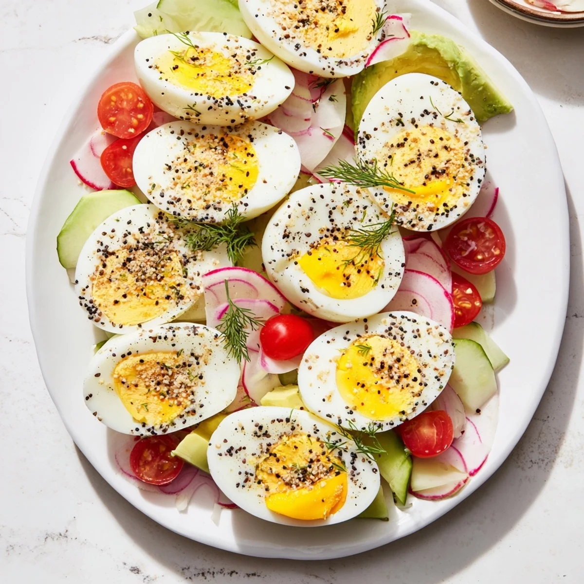 Everything bagel seasoning sprinkled on sliced hard-boiled eggs makes this brunch board irresistible and flavorful.