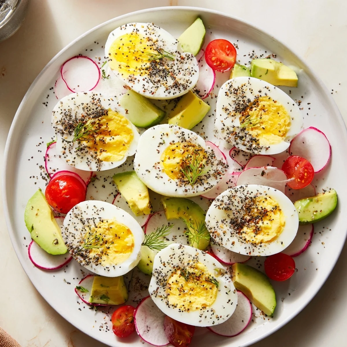 A visually appealing brunch board showcases perfectly sliced hard-boiled eggs with fresh, healthy accompaniments.