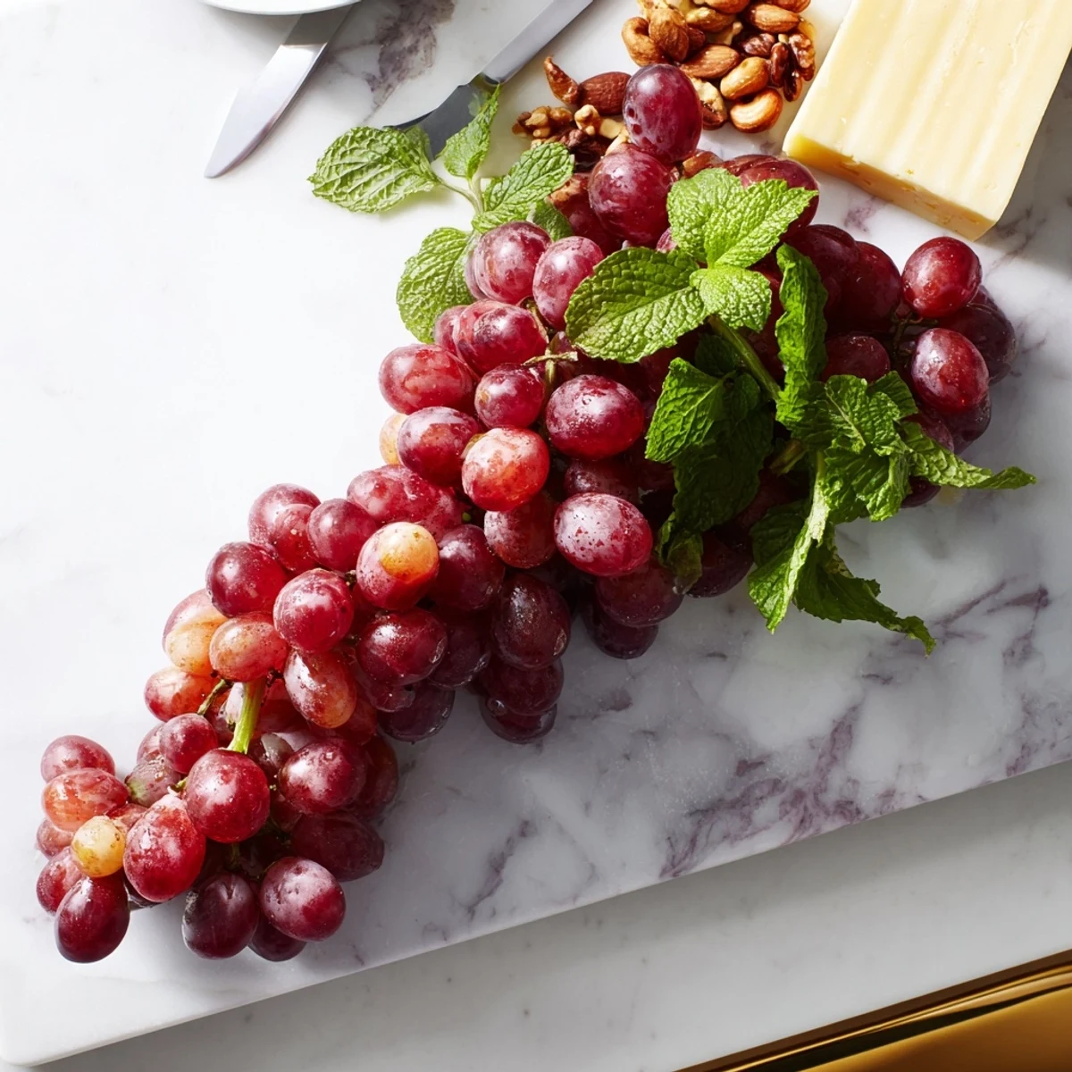 Vibrantly colorful grapes, some hanging over the edge, make an eye-catching appetizer presentation.