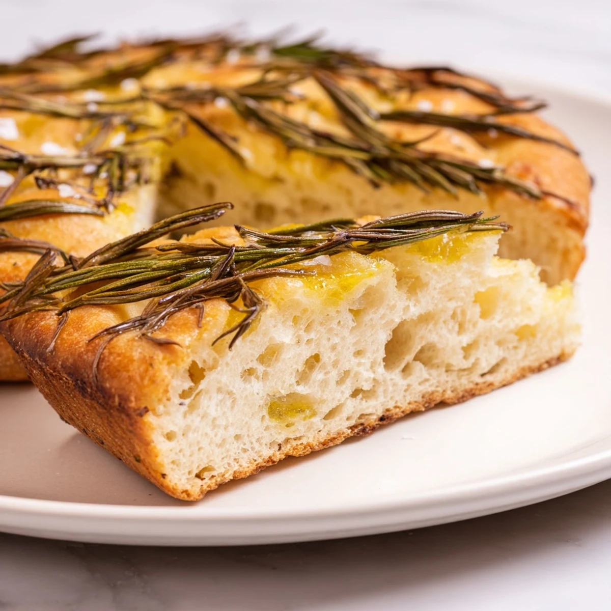 Close-up of a festive Holiday Bread focaccia, topped with rosemary, sea salt, perfect for sharing.