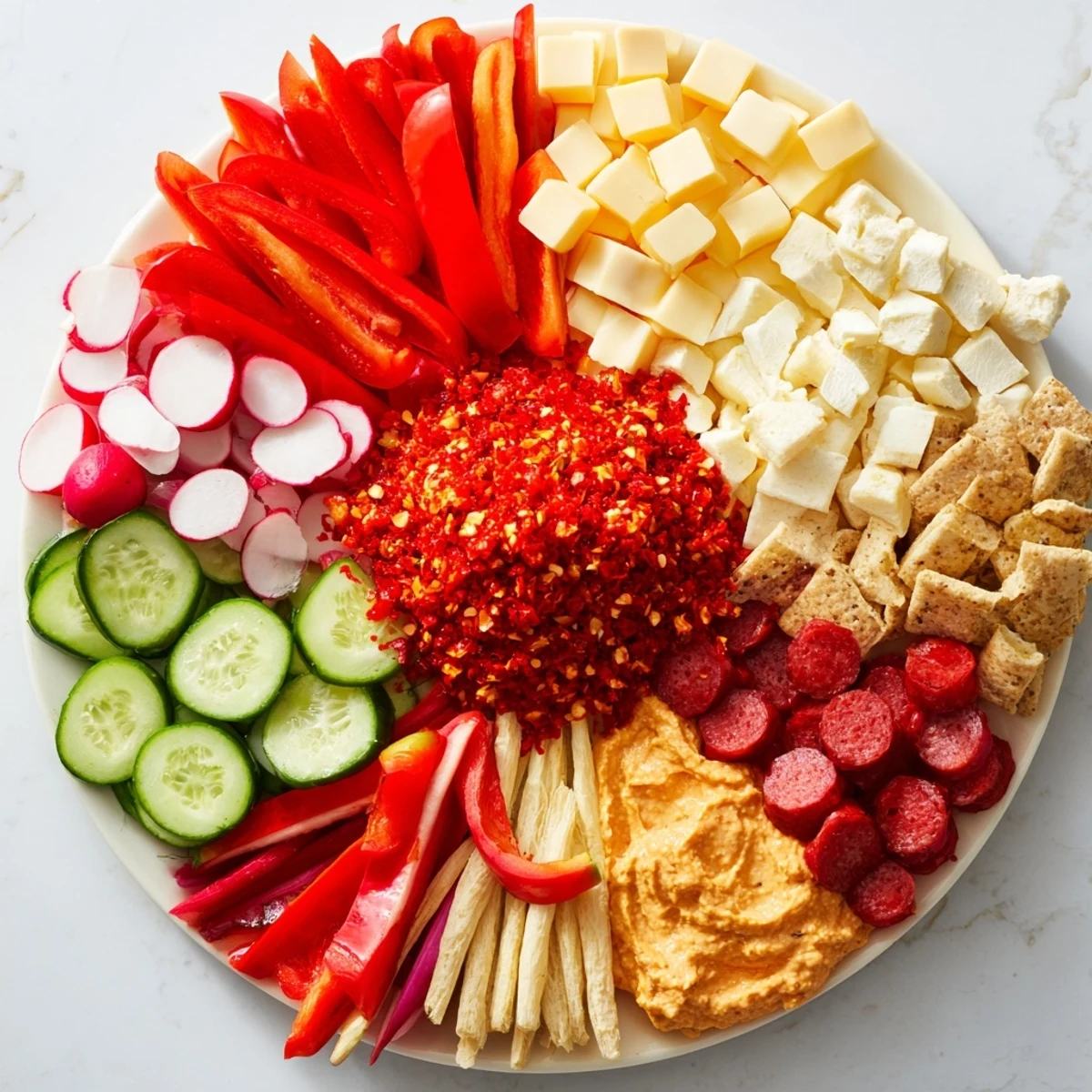 The Spicy Hot Take Platter: A colorful appetizer, featuring a chili flake center and vibrant vegetable sections.