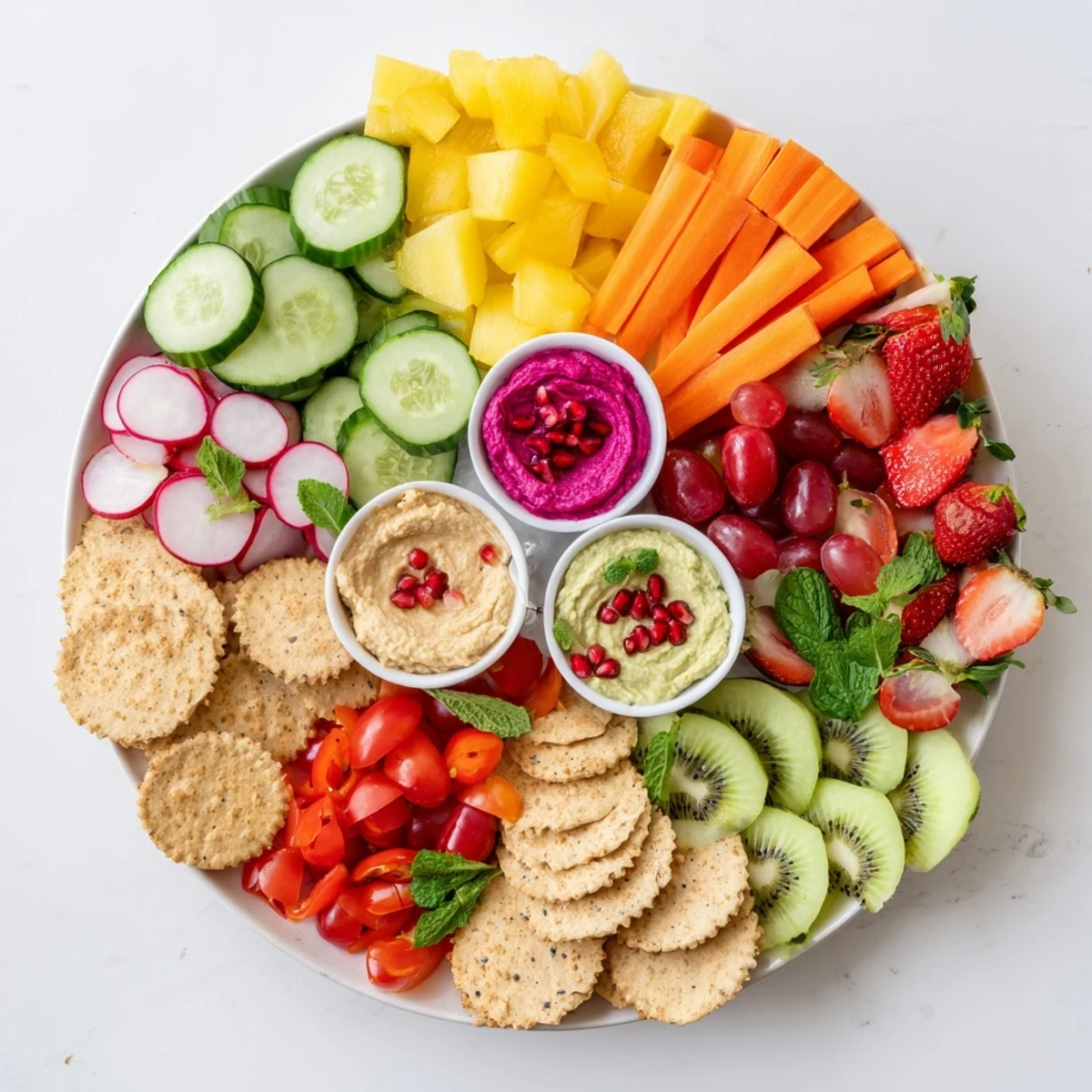 Fresh Vegan Global Gardener Platter, showcasing vibrant vegetables and plant-based dips, perfect for a healthy snack or appetizer.
