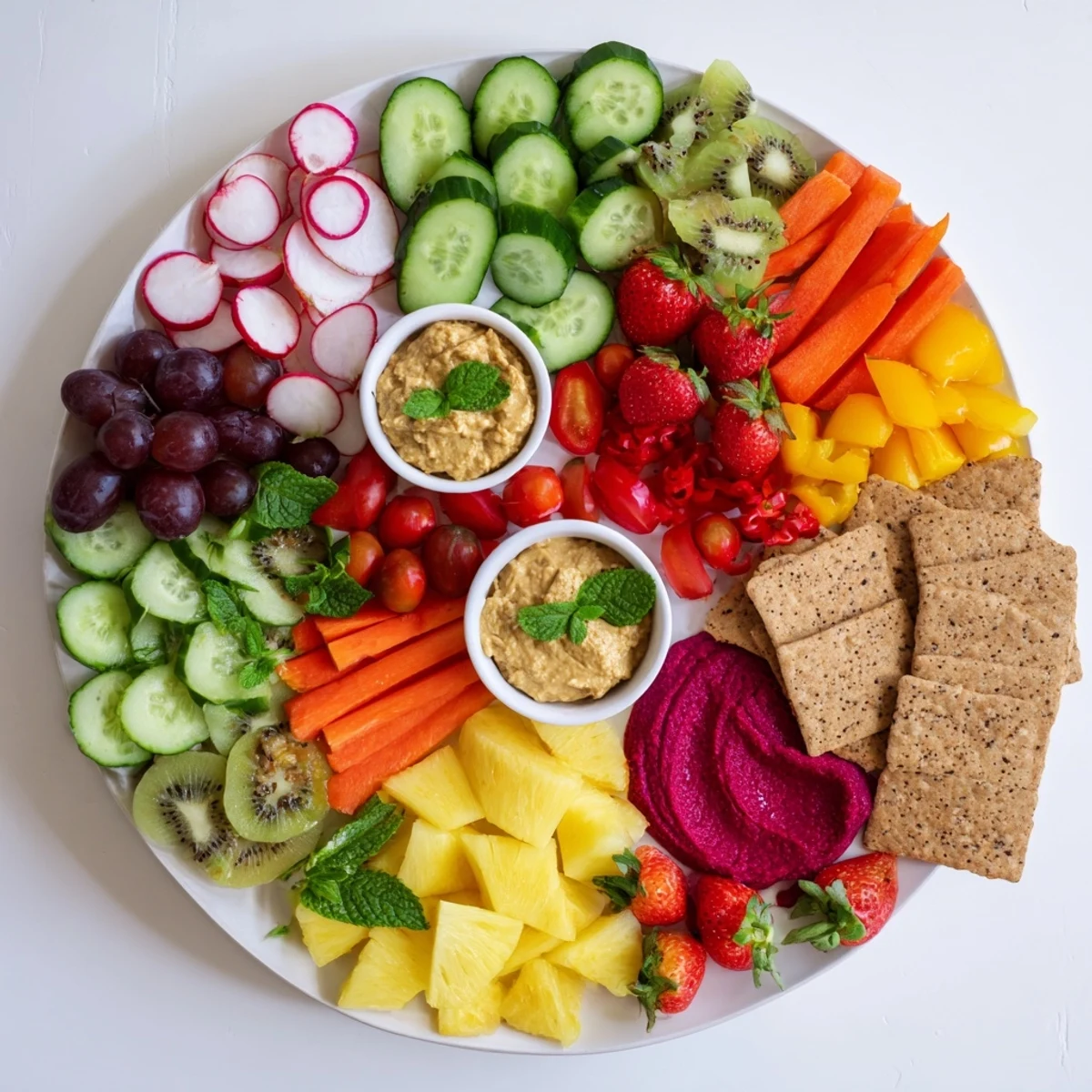 Vegan Global Gardener Platter: overflowing with colorful vegetables, fruits, and dips, ready to serve and share.