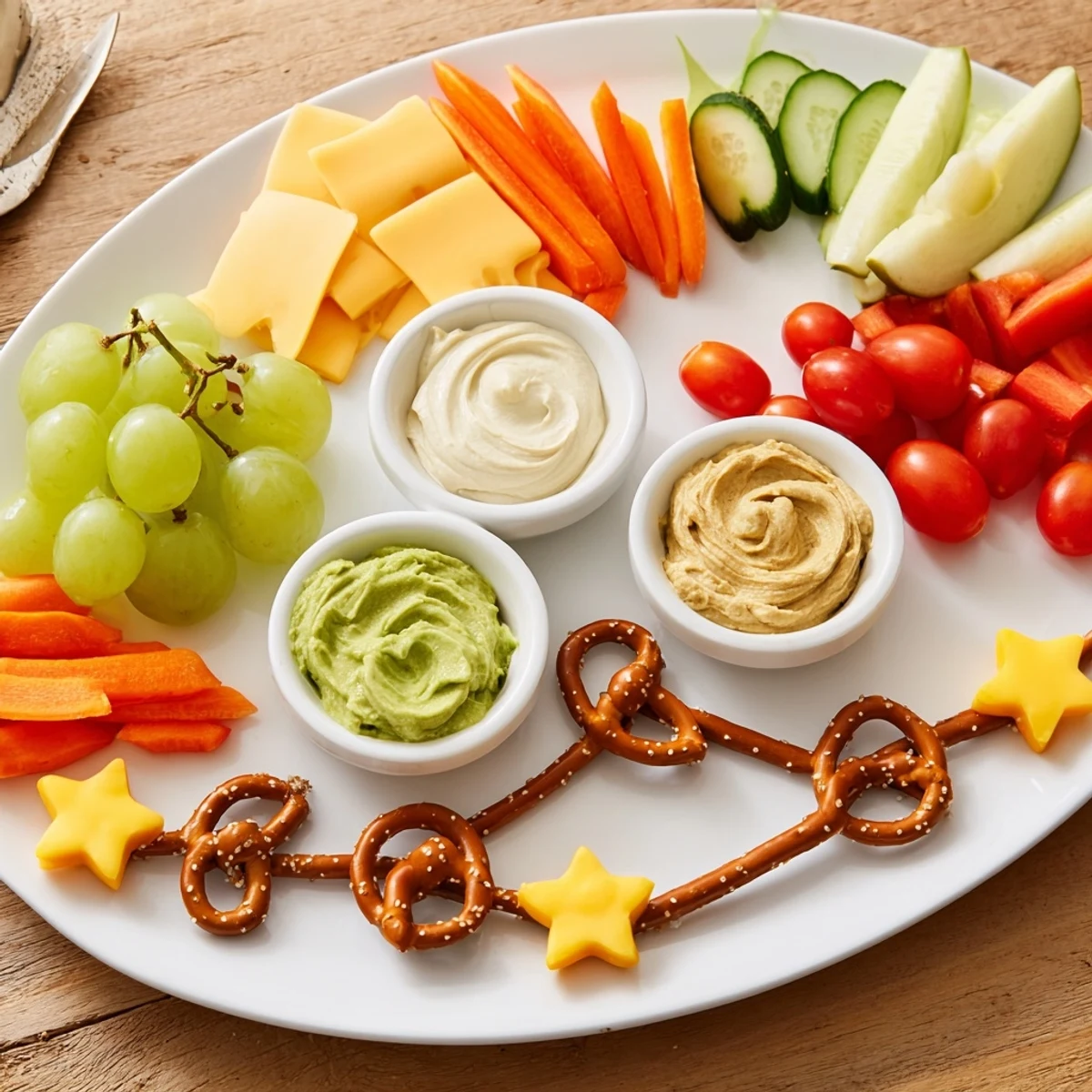 A colorful, interactive Kids Snack Adventure Map with pretzel paths leading to yummy dips and cheese shapes.