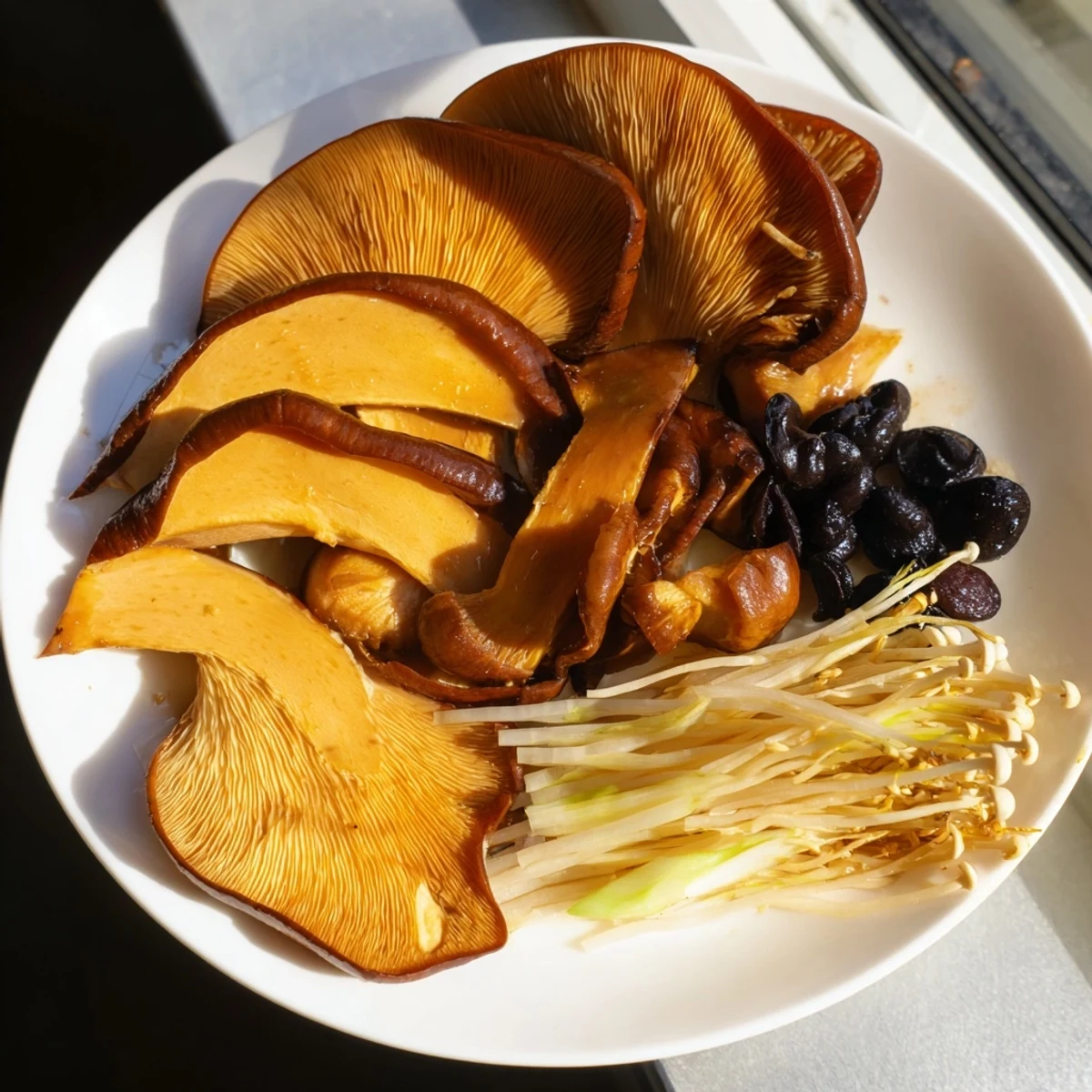 The Umami Bomb Asian Delight features a stunning arrangement of earthy mushrooms and vibrant garnishes.