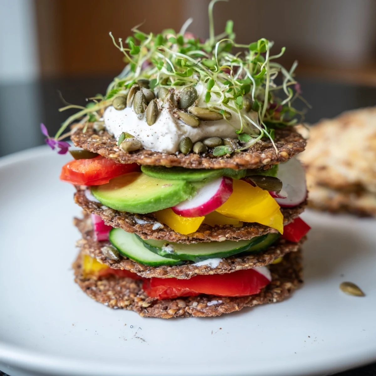 A vertical layering of gluten-free gourmet tower: crackers, bread, and colorful vegetable toppings.
