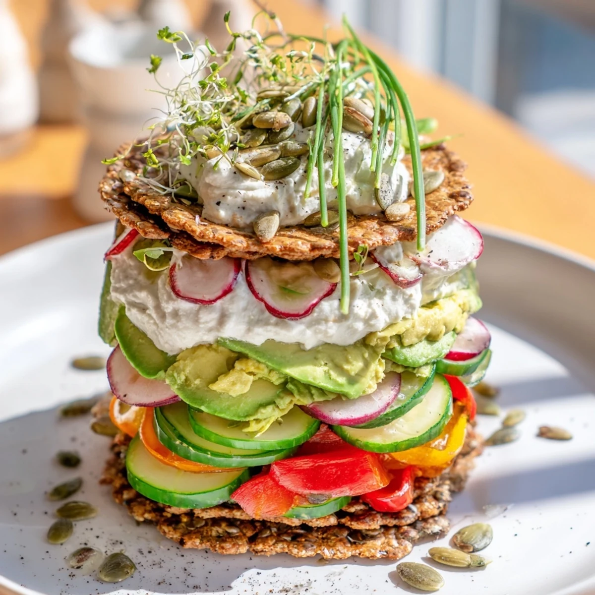 Imagine a beautifully assembled gluten-free gourmet tower with layers of hummus and microgreens for guests.