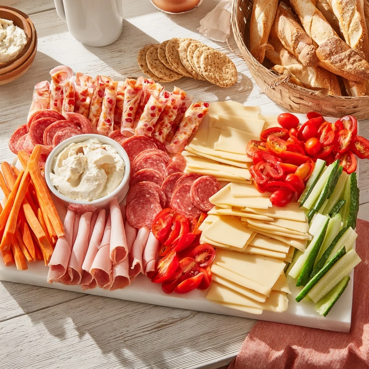 Family spread brimming with sliced meats and cheeses, alongside vibrant vegetables and hearty crackers, all ready to share.
