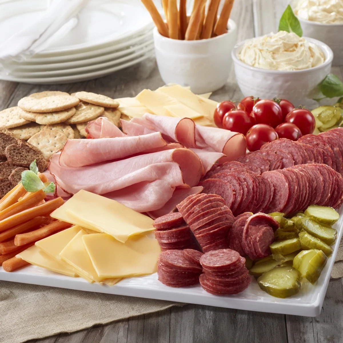 Beautifully arranged Budget-Friendly Family Spread showcasing ham, turkey, cheddar, and Swiss with crisp carrot sticks.