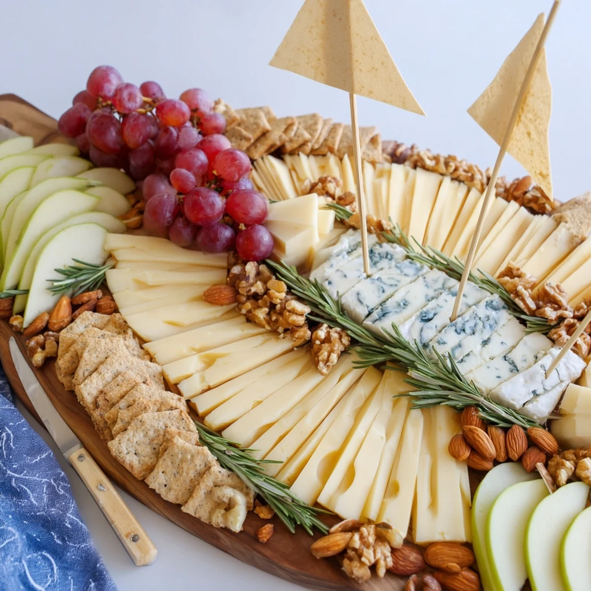 This Sailboat Cheese Platter features a stunning arrangement of cheese, crackers, and colorful fruits, perfect for sharing.