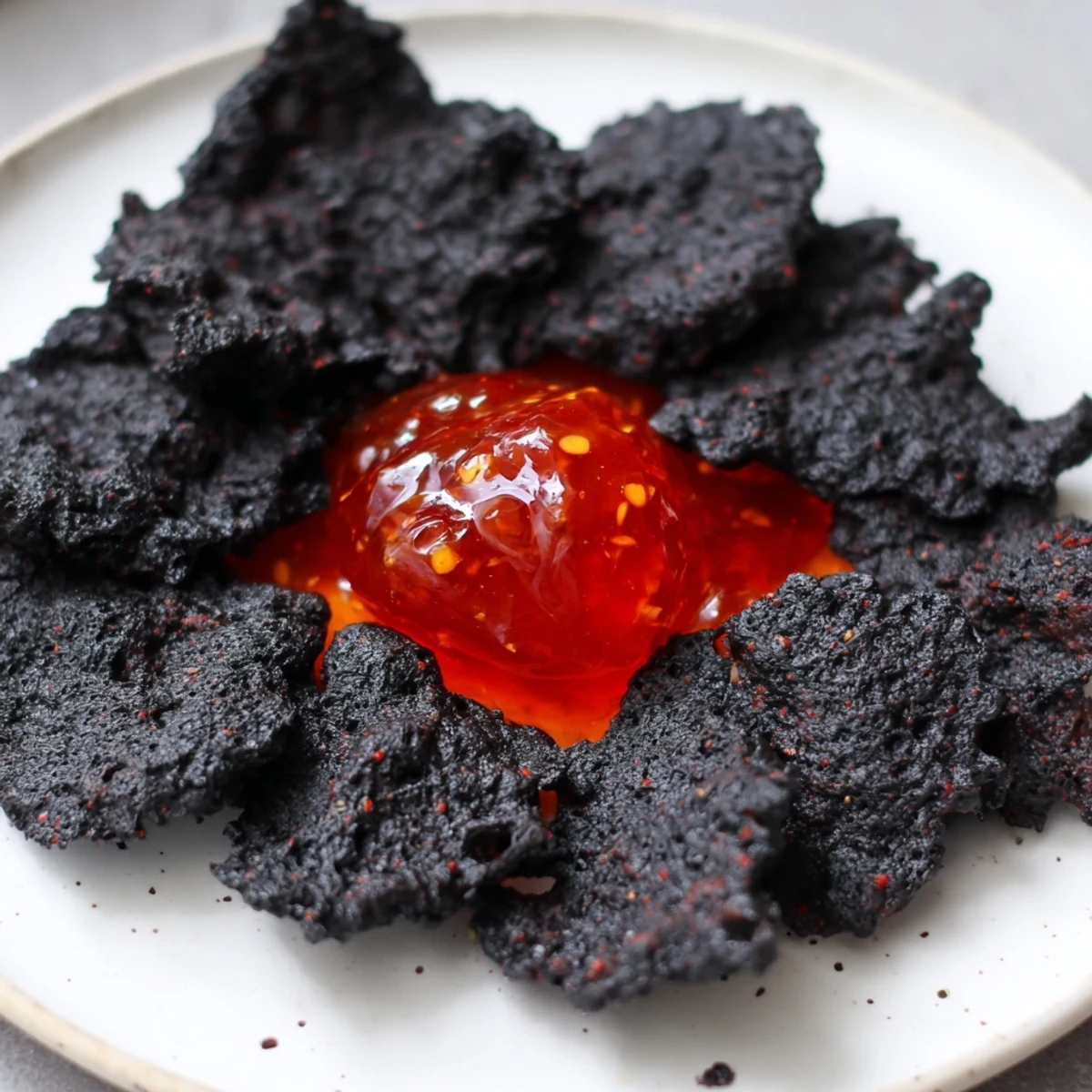 Vibrant red-hot jelly bubbles as a spicy centerpiece of The Volcanic Flow, served with crisp black crackers.